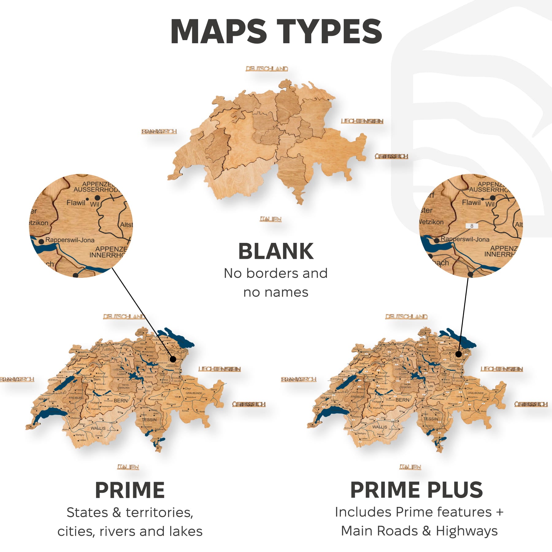 Comparison of different map types on a white background