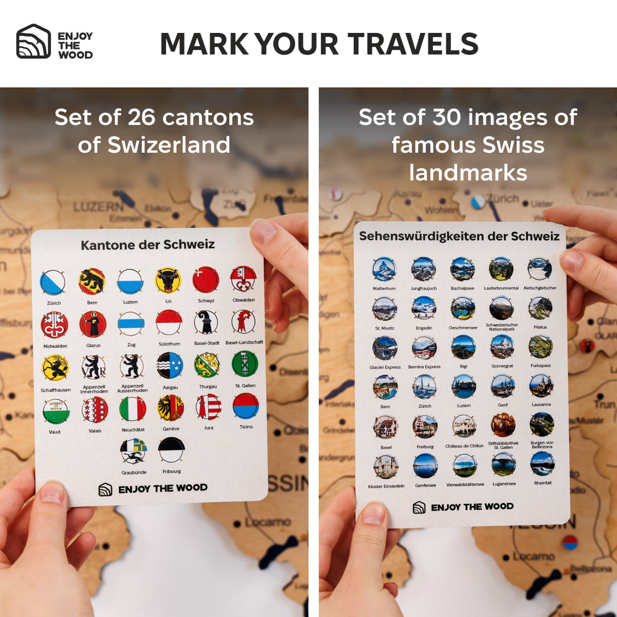 Two sets of cards with Swiss canton flags and landmarks held over a map.