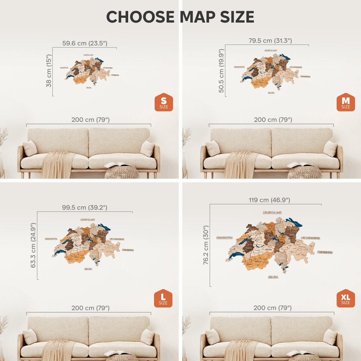 Four size options of a map decal displayed on a sofa with measurements.