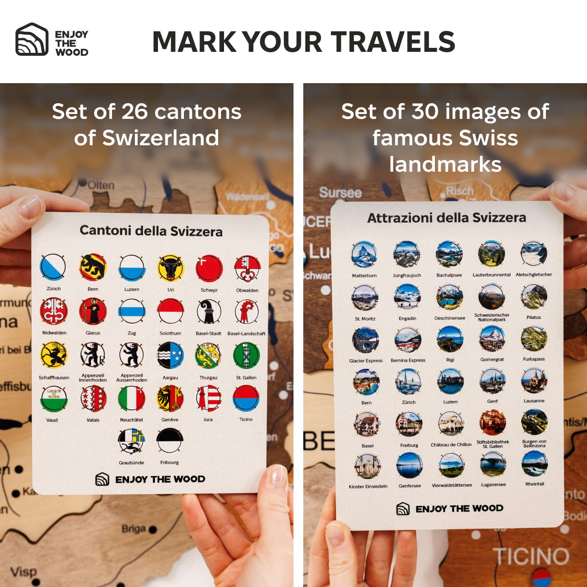 Two sets of stickers showing Swiss cantons and landmarks held over a map.