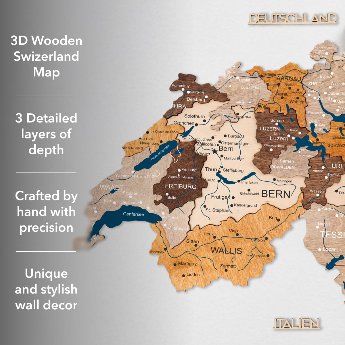 Wooden Switzerland map with 3D layers on a gray background