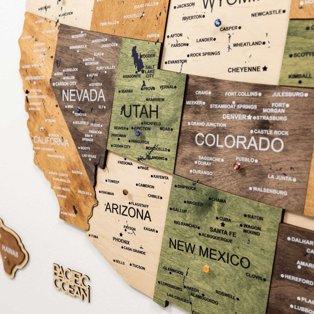 Carte 3D en bois des États-Unis-Multicolore