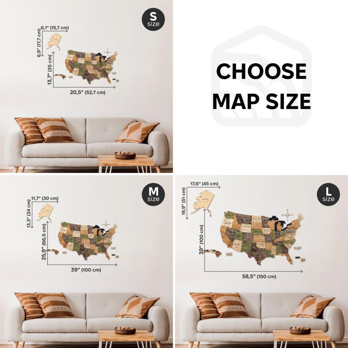Carte 3D en bois des États-Unis-Multicolore