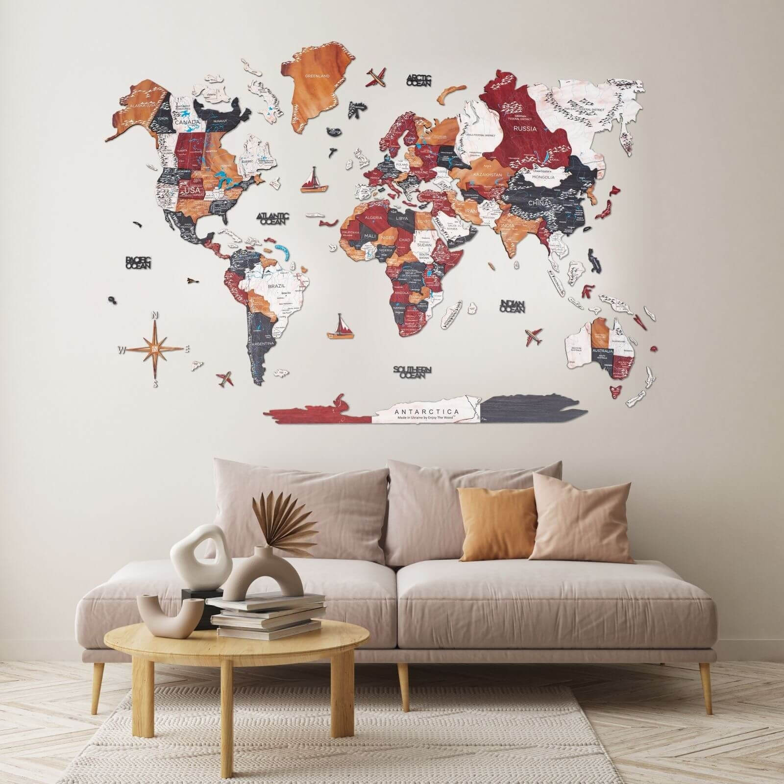 wooden world map in colors