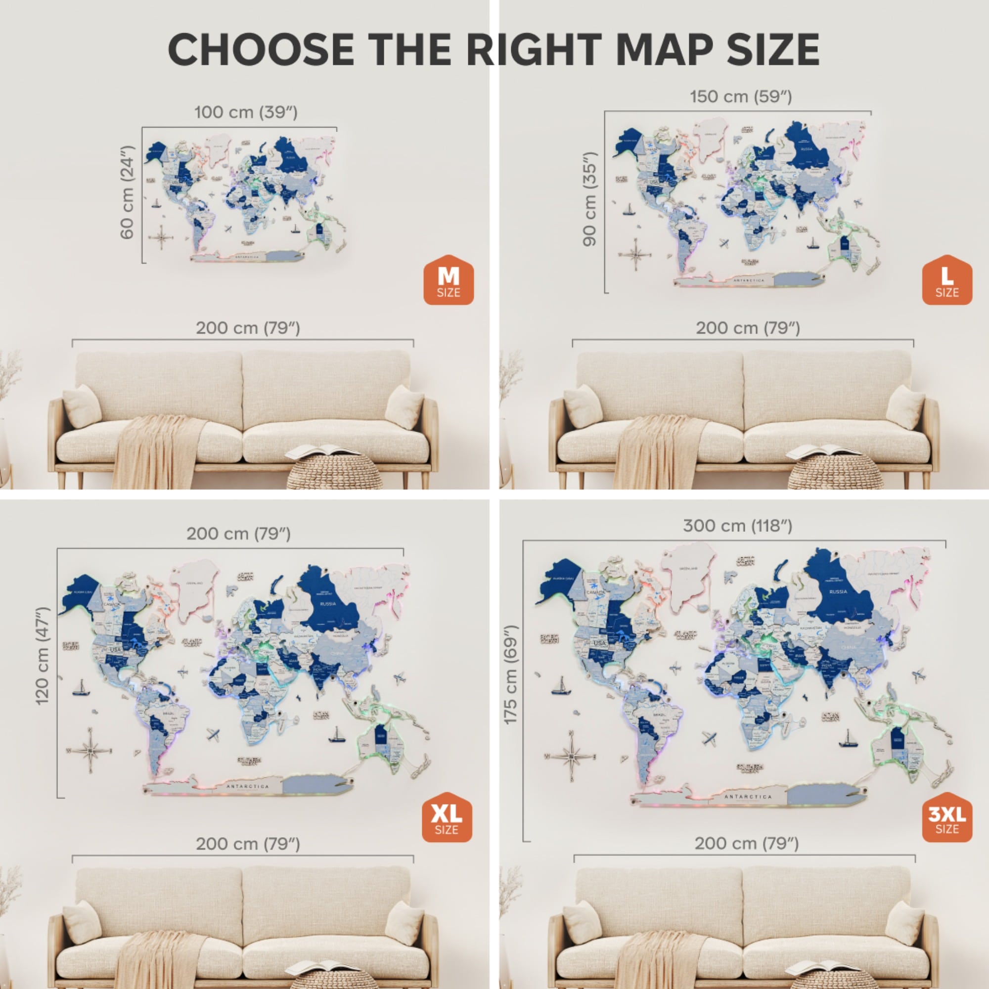 Comparison of world map sizes on a sofa with dimensions displayed.
