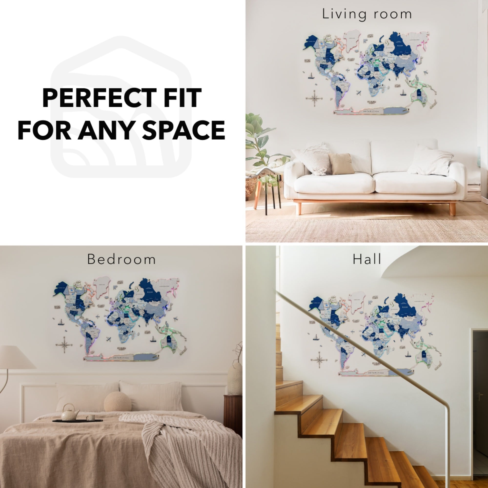 World map wall art displayed in living room, bedroom, and hall settings with text 'Perfect Fit for Any Space'.