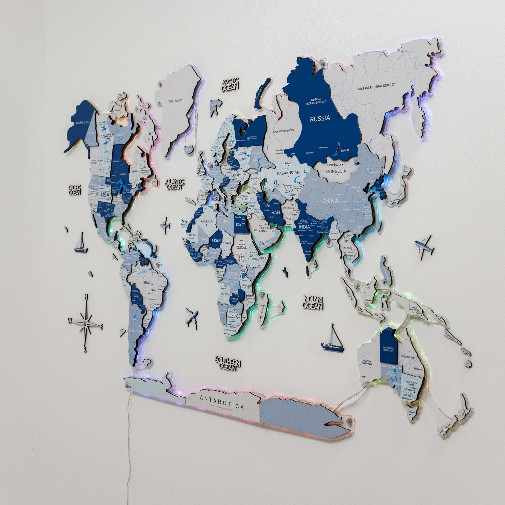 World map with illuminated features on a white background