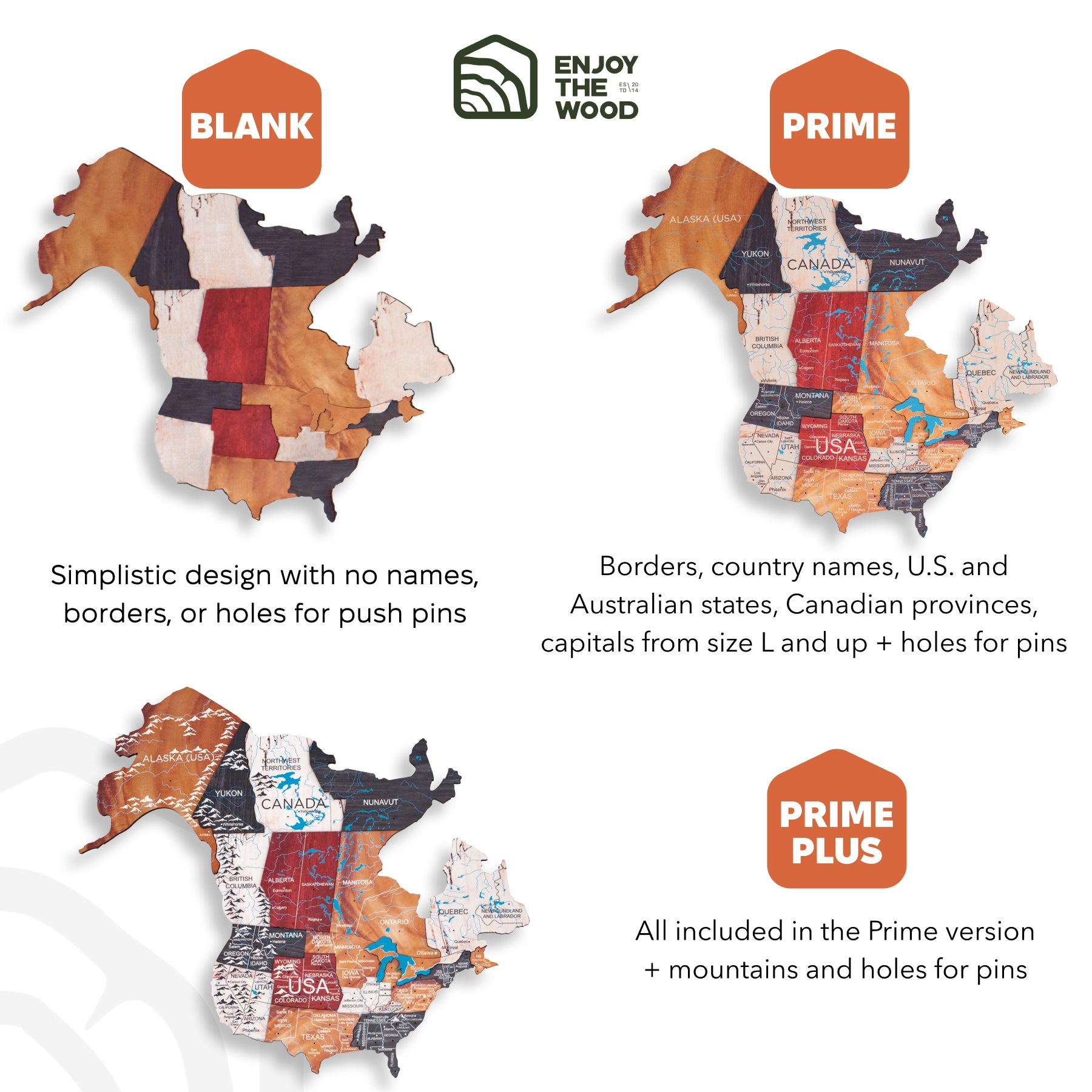 Wooden maps of North America with different levels of detail and branding.
