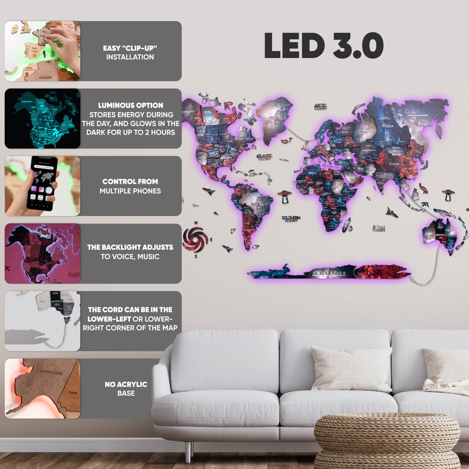 3D LED / LUMINOUS Wooden World Map 3.0 Alcor