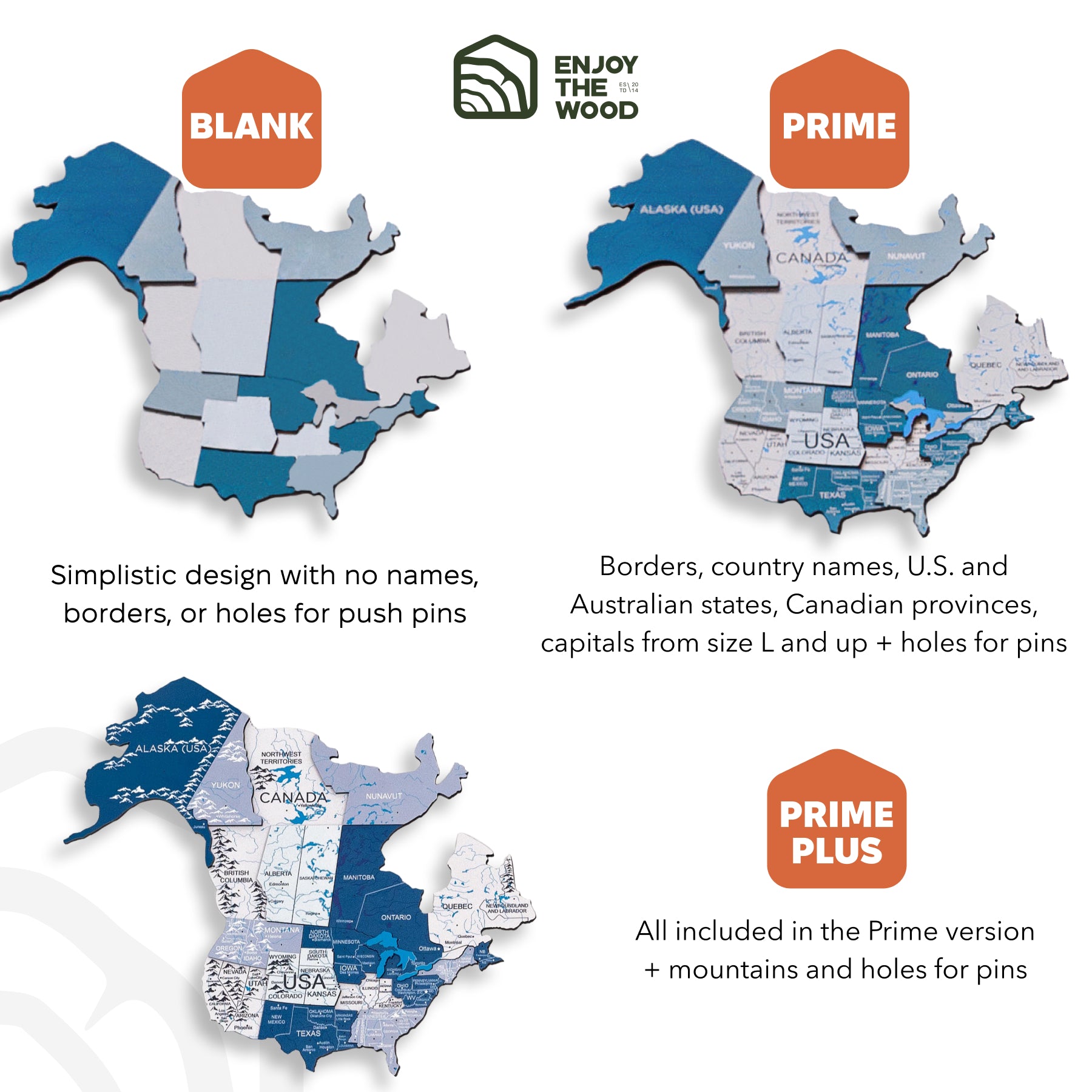 Map of North America with labeled versions and features, including 'Blank', 'Prime', and 'Prime Plus' options.