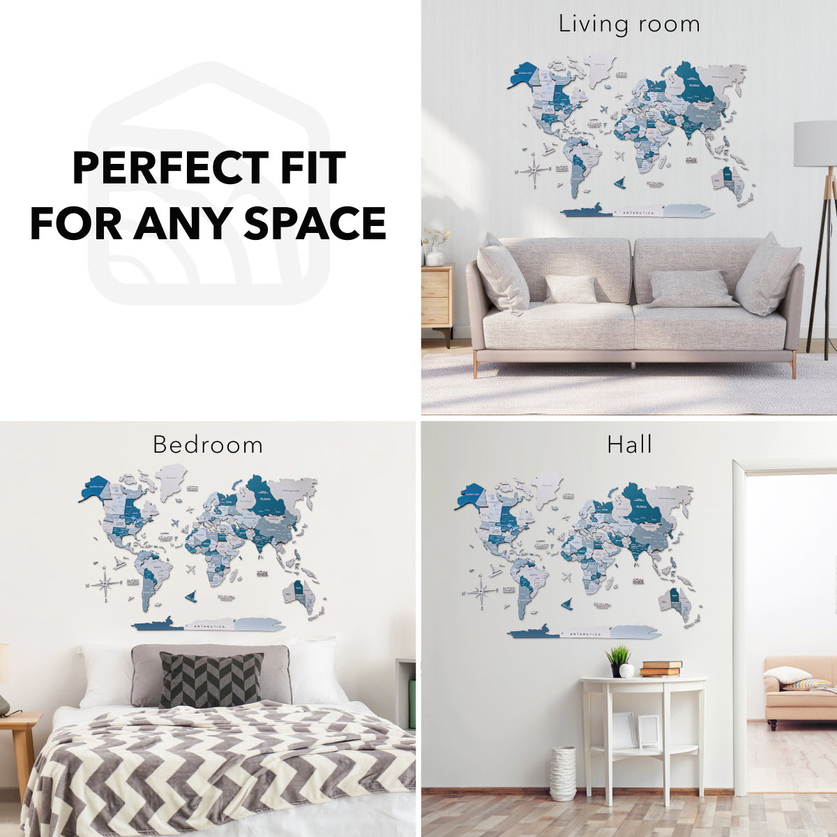World map wall decal displayed in various rooms with text 'Perfect Fit for Any Space'.