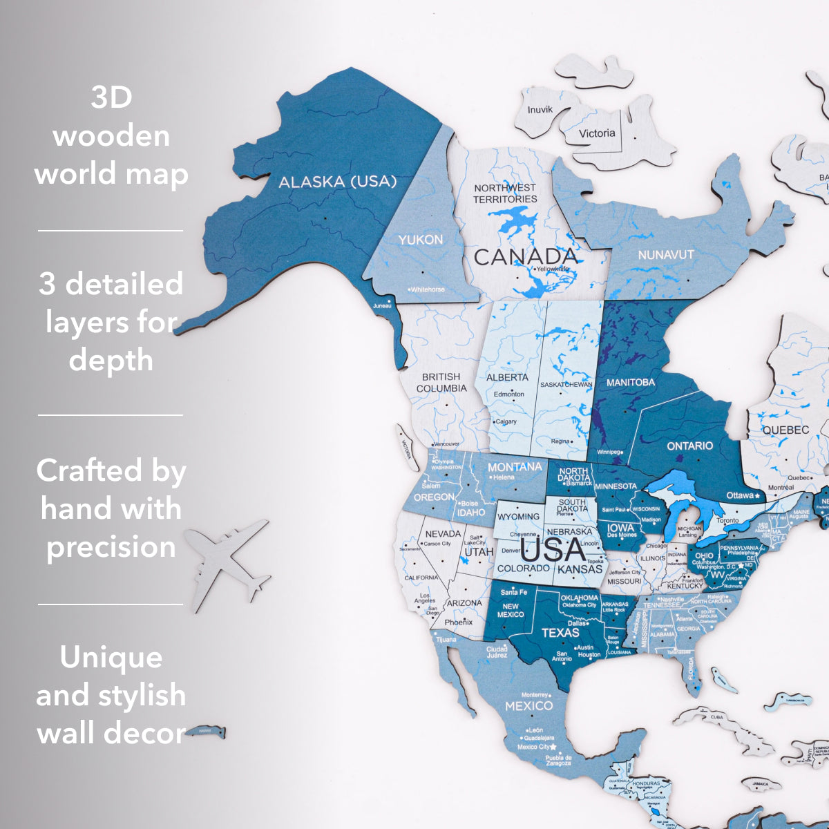3D wooden world map with detailed layers on a light gray background