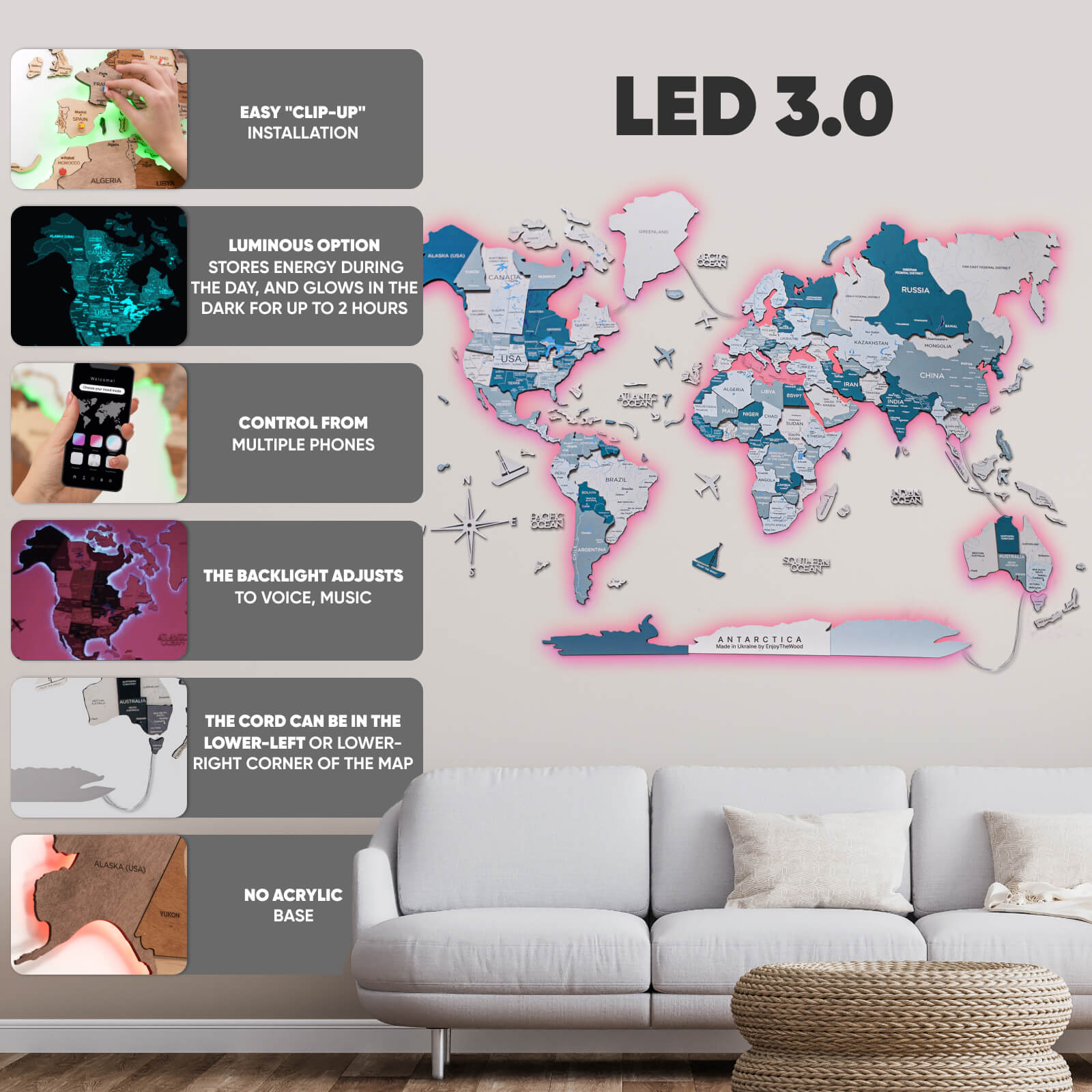 Mapamundi de Madera 3D LED/LUMINOSO 3.0 Aqua