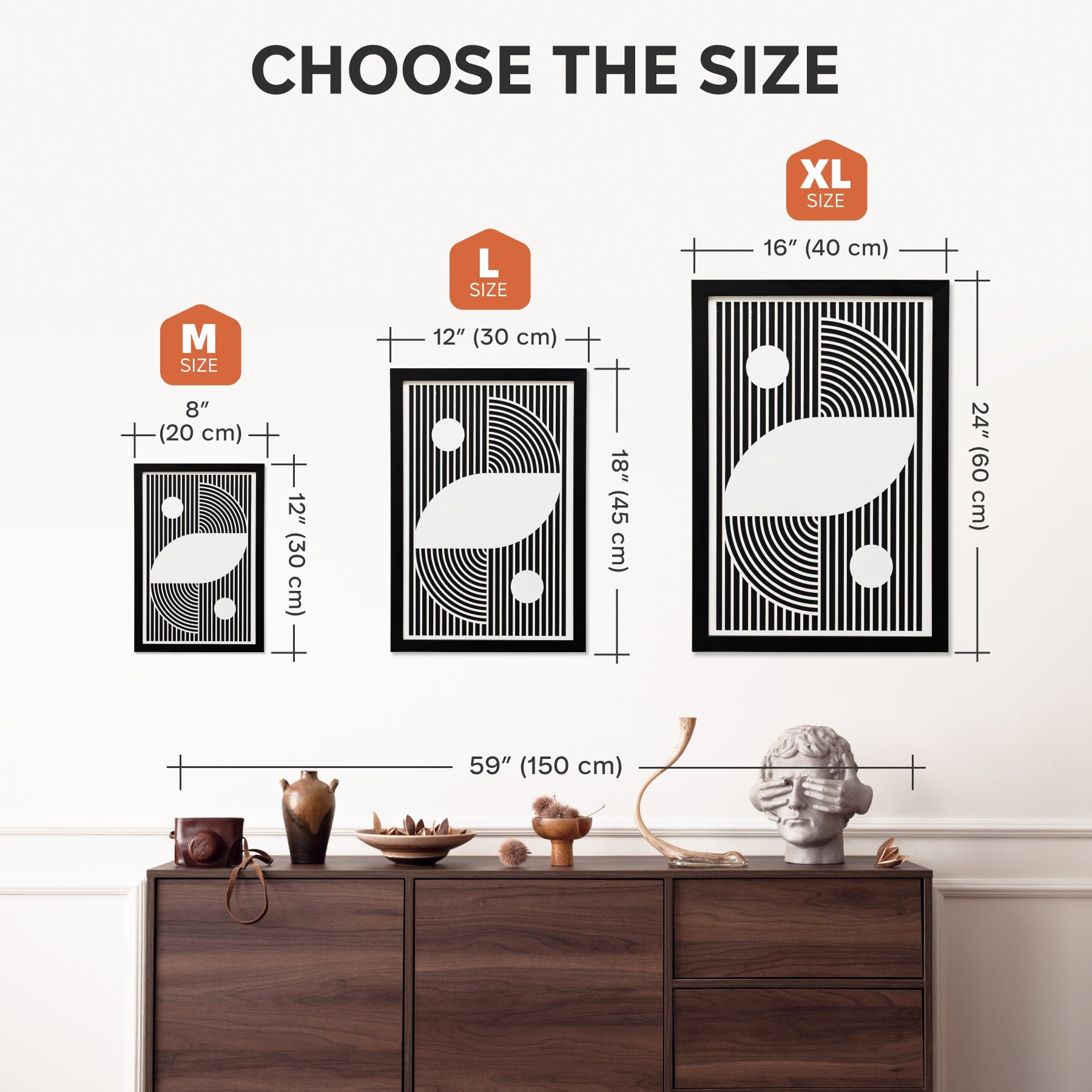 Wall art size chart with dimensions and a wooden console table with decorative items.