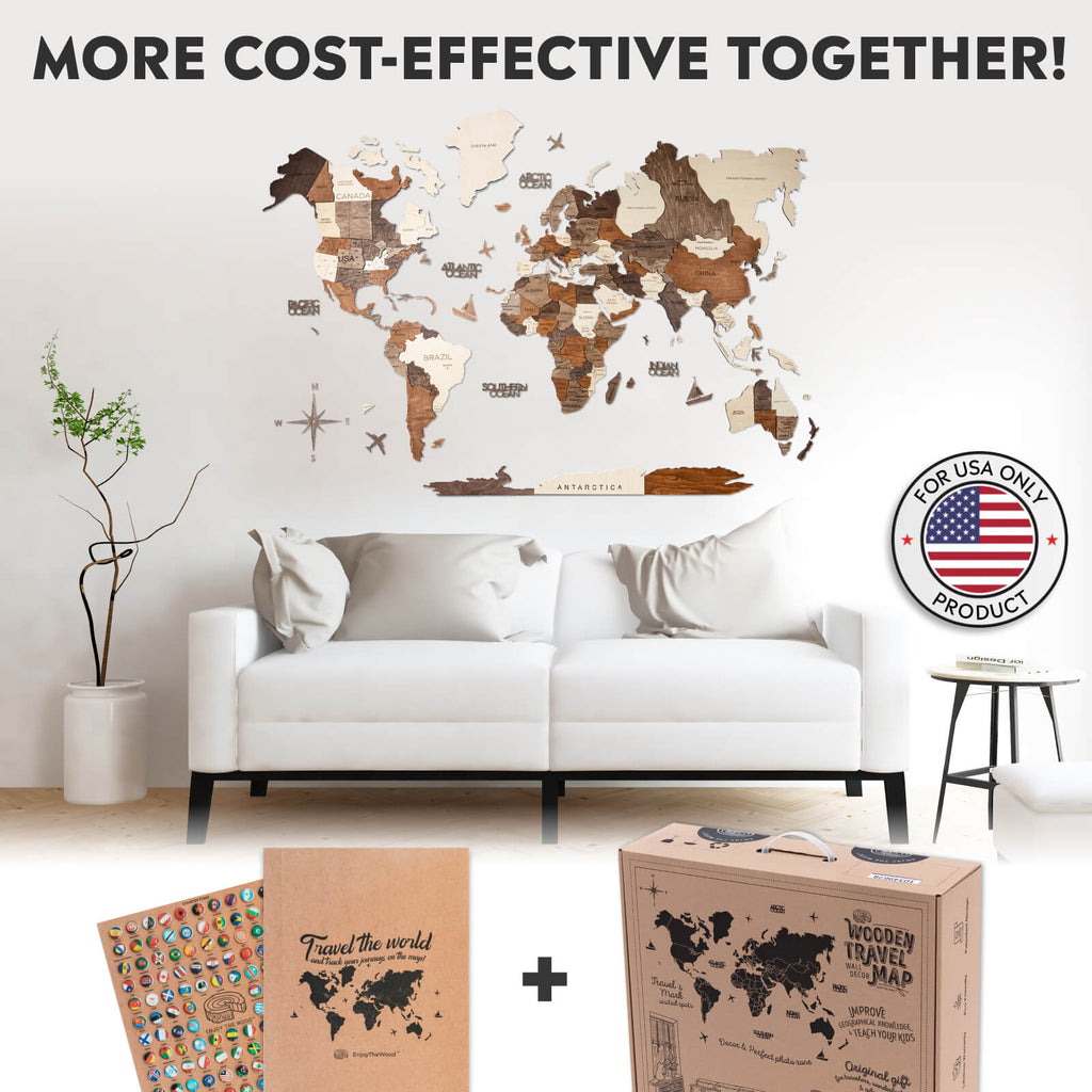 Wall Decor Bundle 3D Wooden World Map Flag Pins
