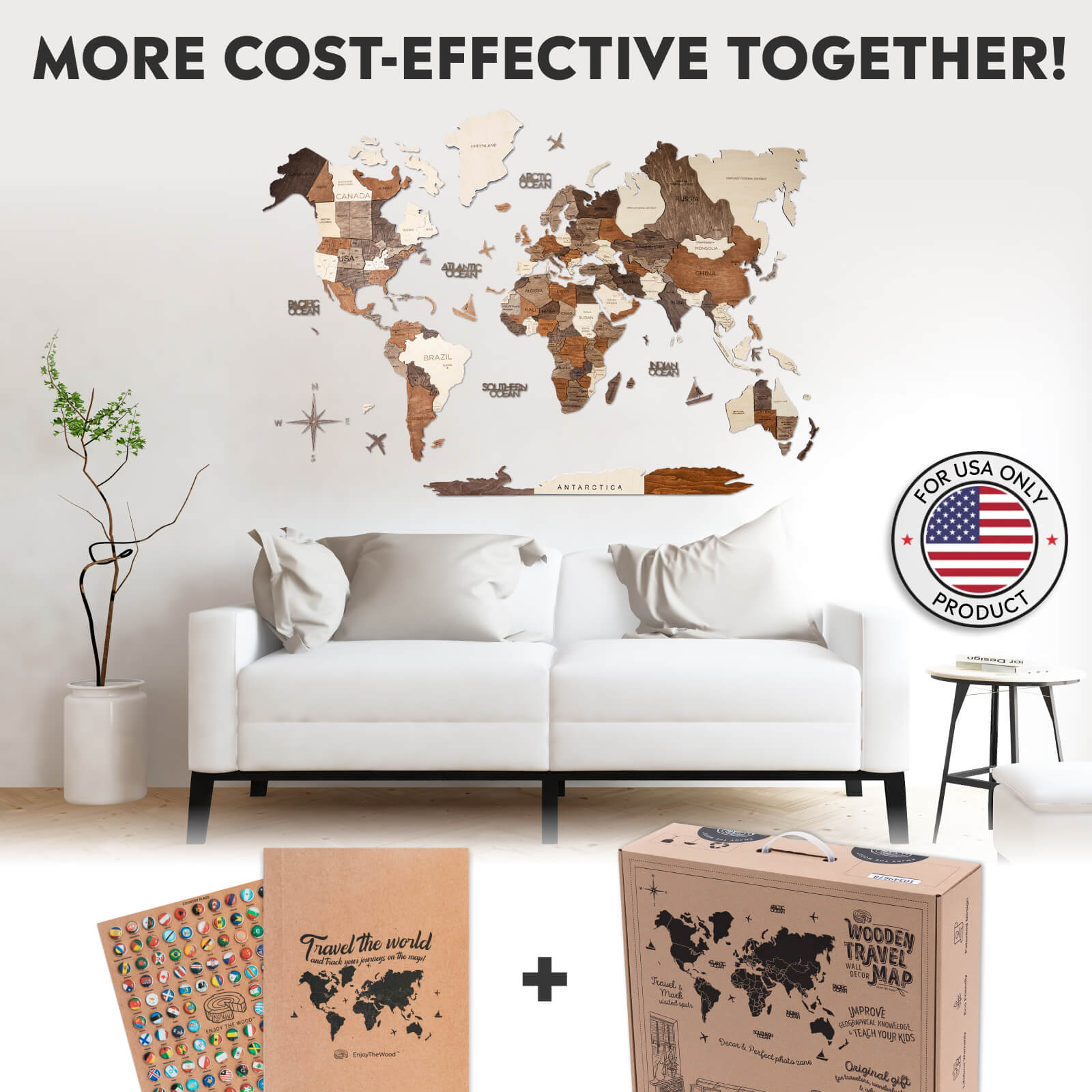 Paquete de decoración de pared: mapa mundial de madera en 3D con alfileres de bandera