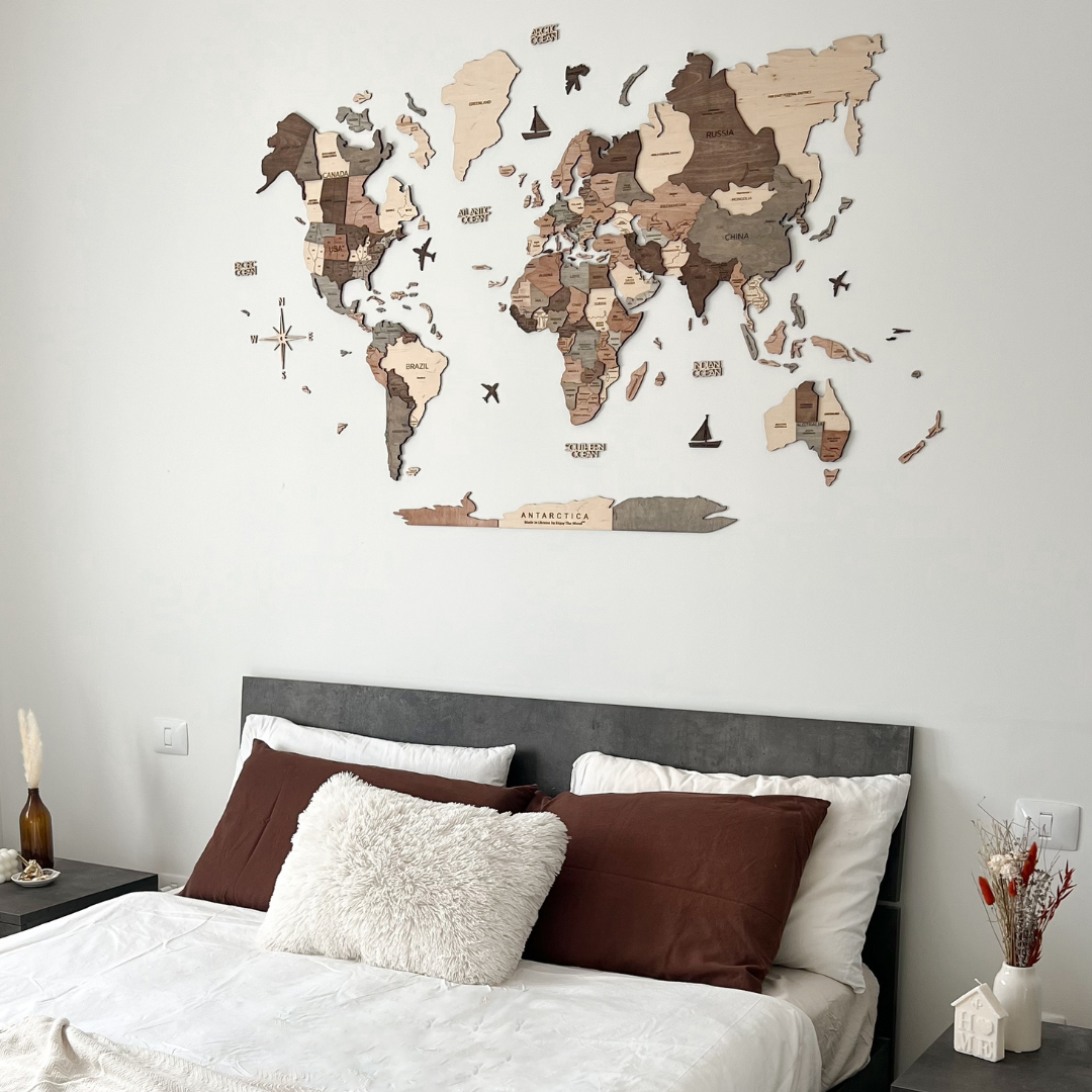 3D Wooden World Map Smokey