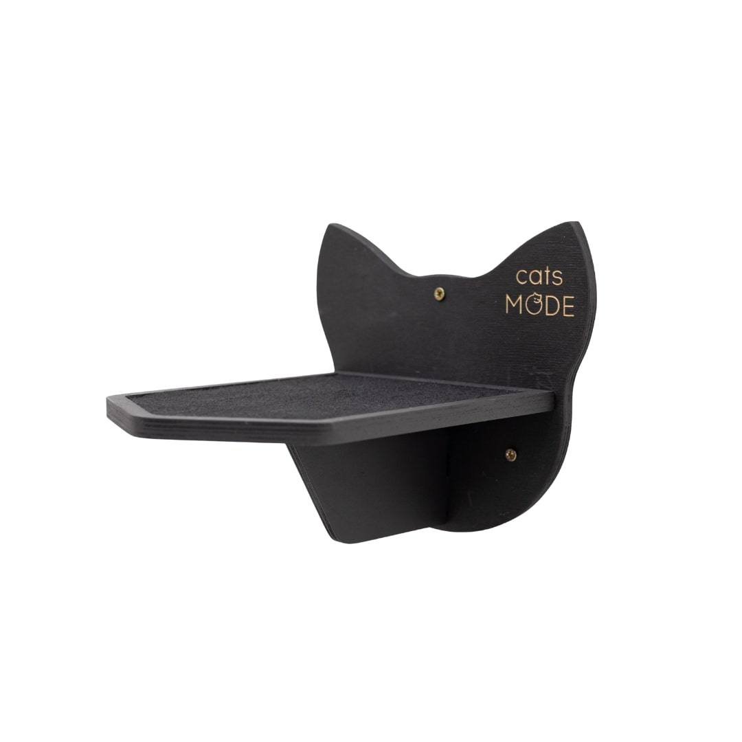 Black cat-shaped shelf with 'cats MODE' text on a white background