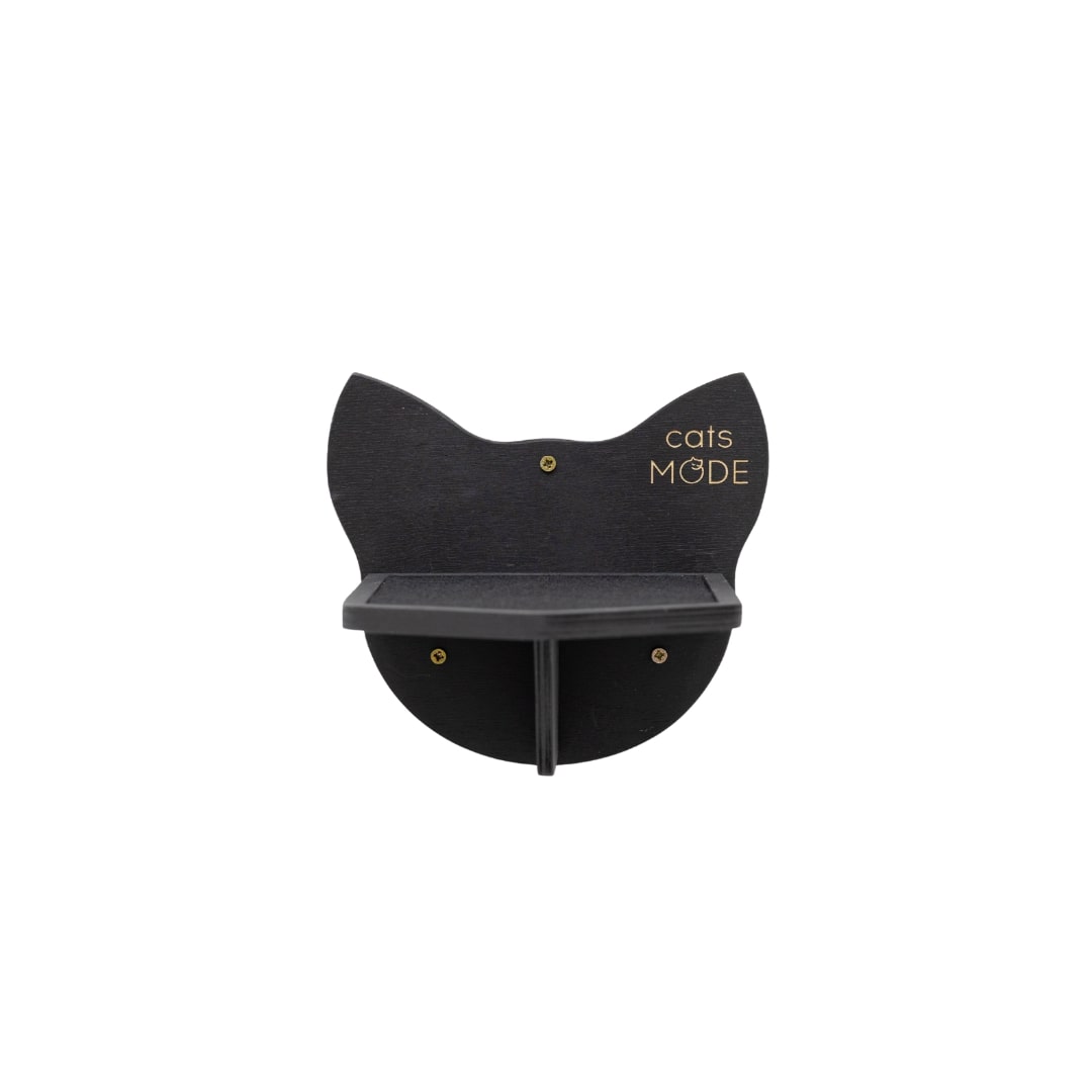 Black cat-shaped shelf with 'Cats Mode' text on a white background
