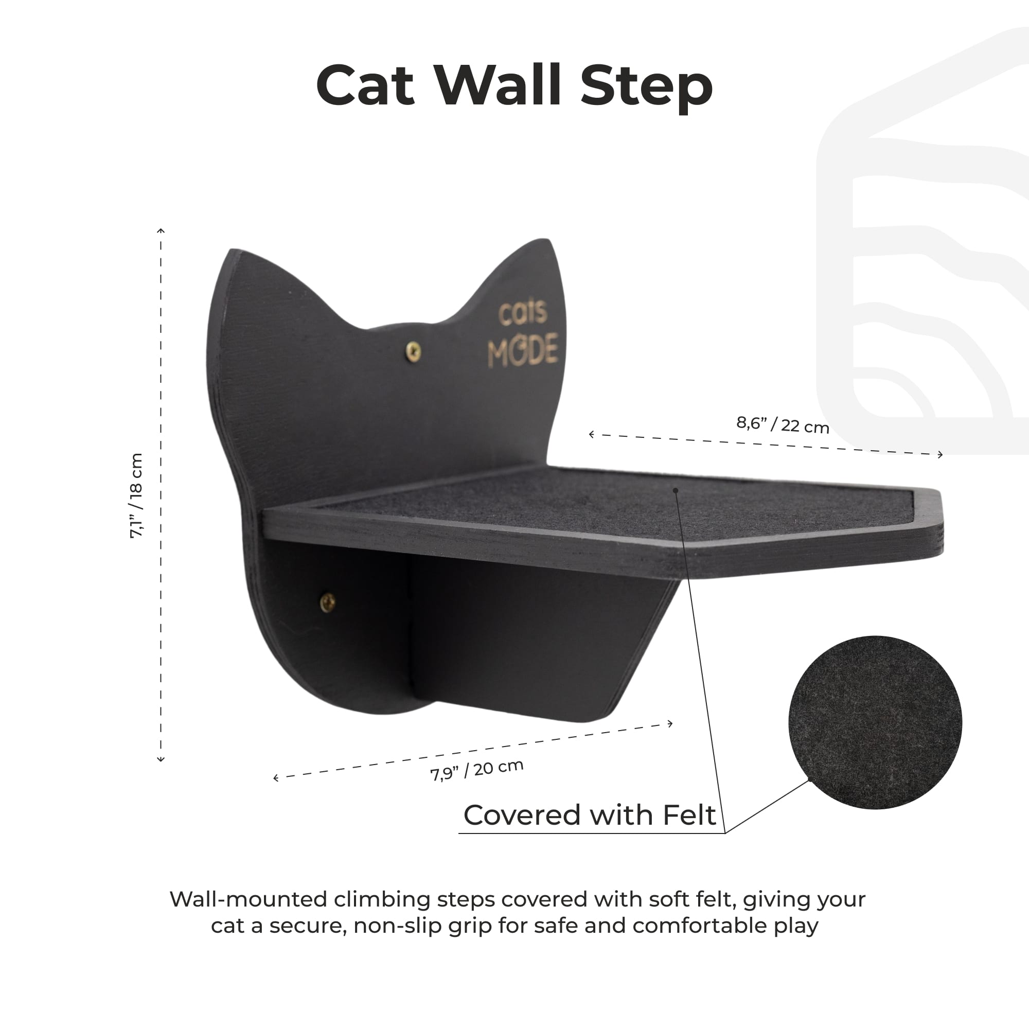 Cat wall step with dimensions and material details on a white background