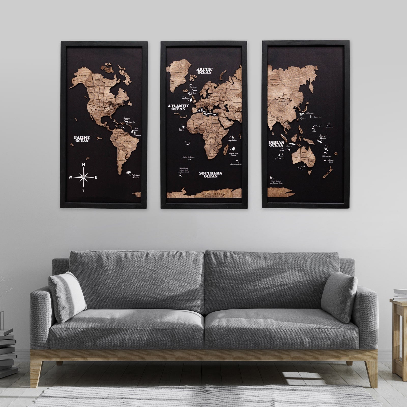 Triptych Wall Art - Wooden World Map (Dark Walnut) | Enjoy The Wood
