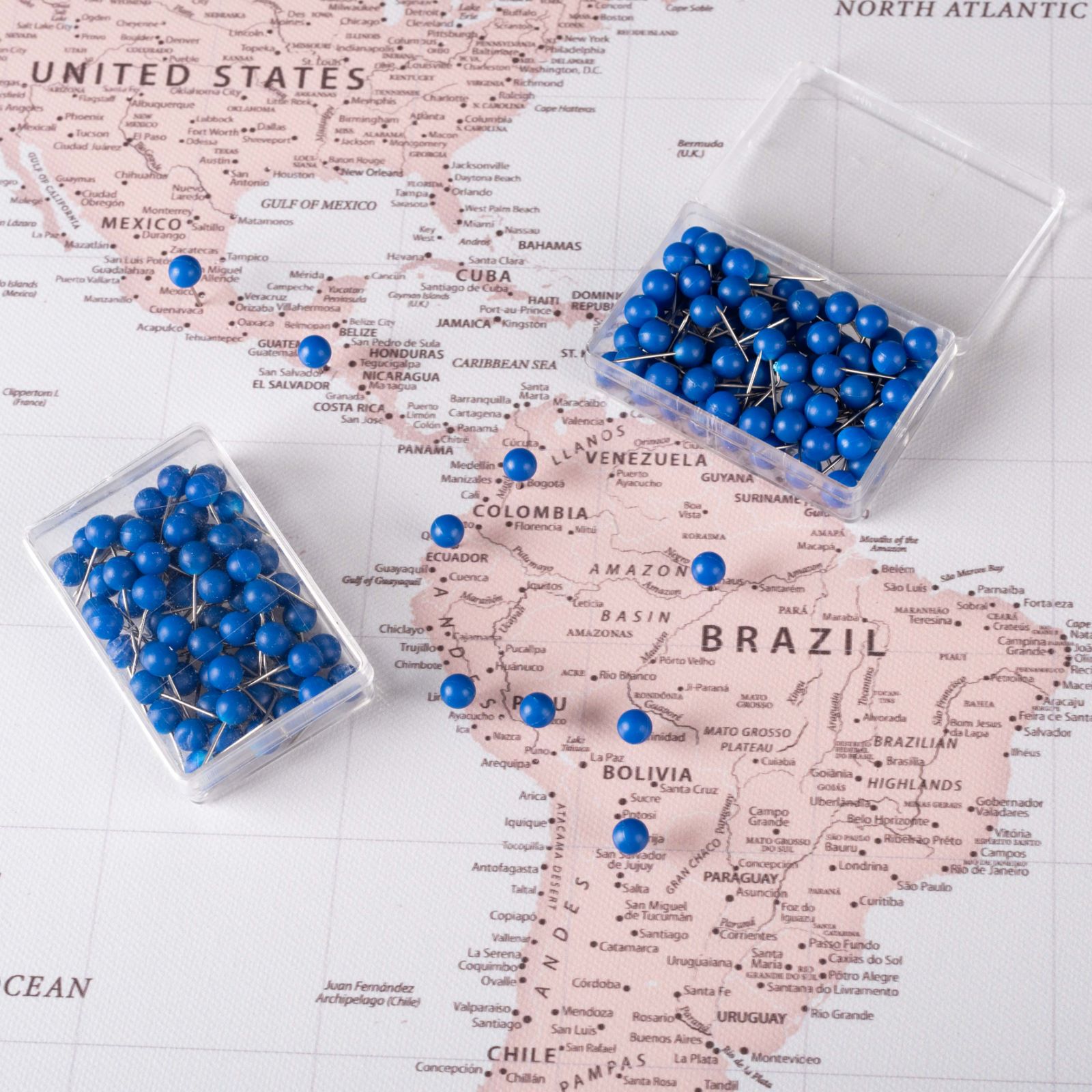 Blue Push Pins to mark travels