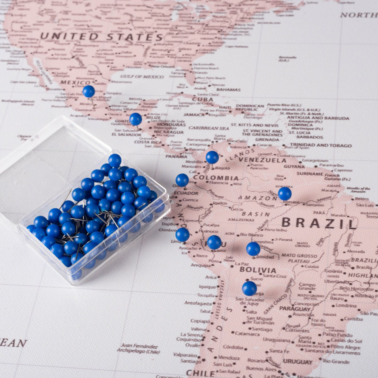 Blue Push Pins to mark travels