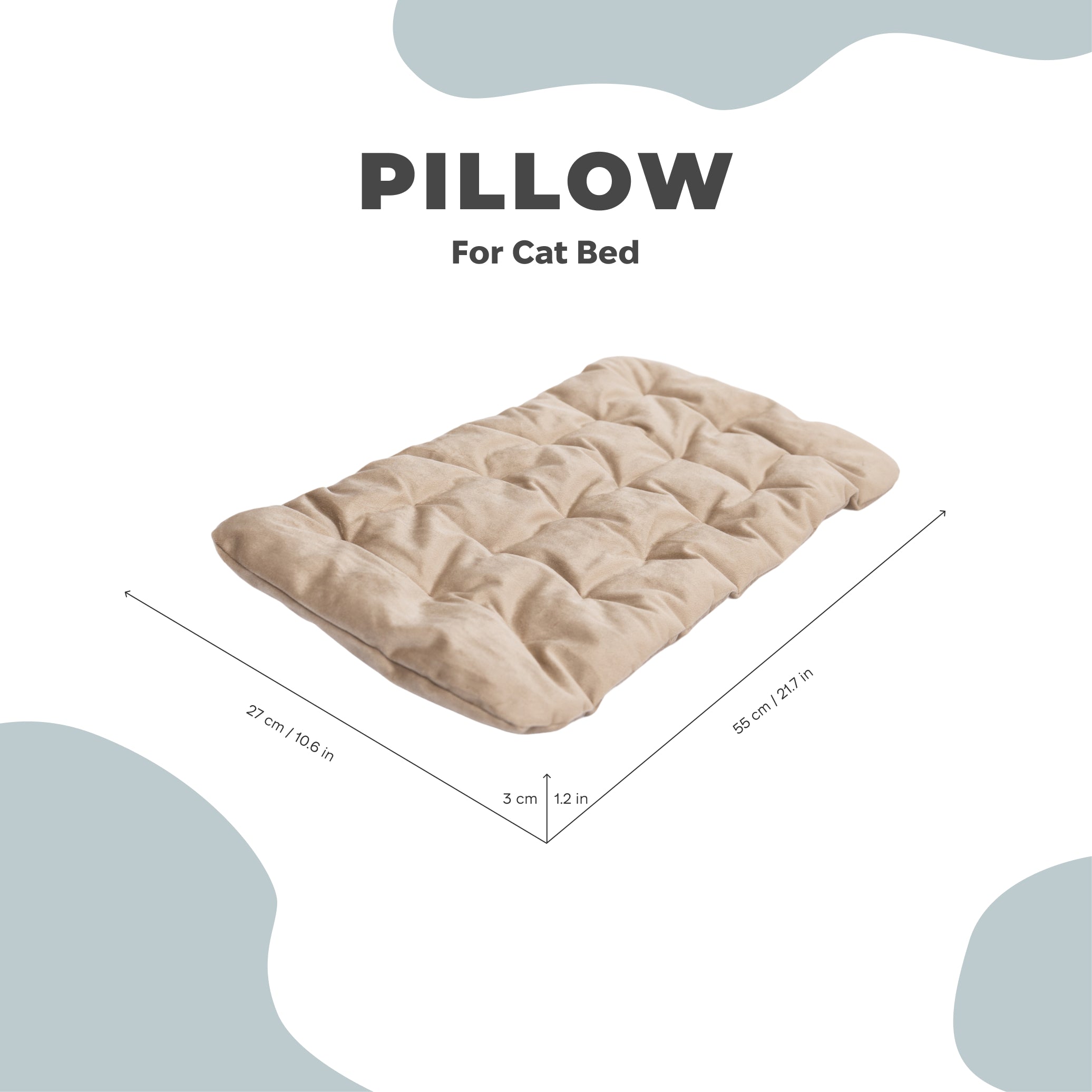 Beige pillow for cat bed with dimensions on a light blue background