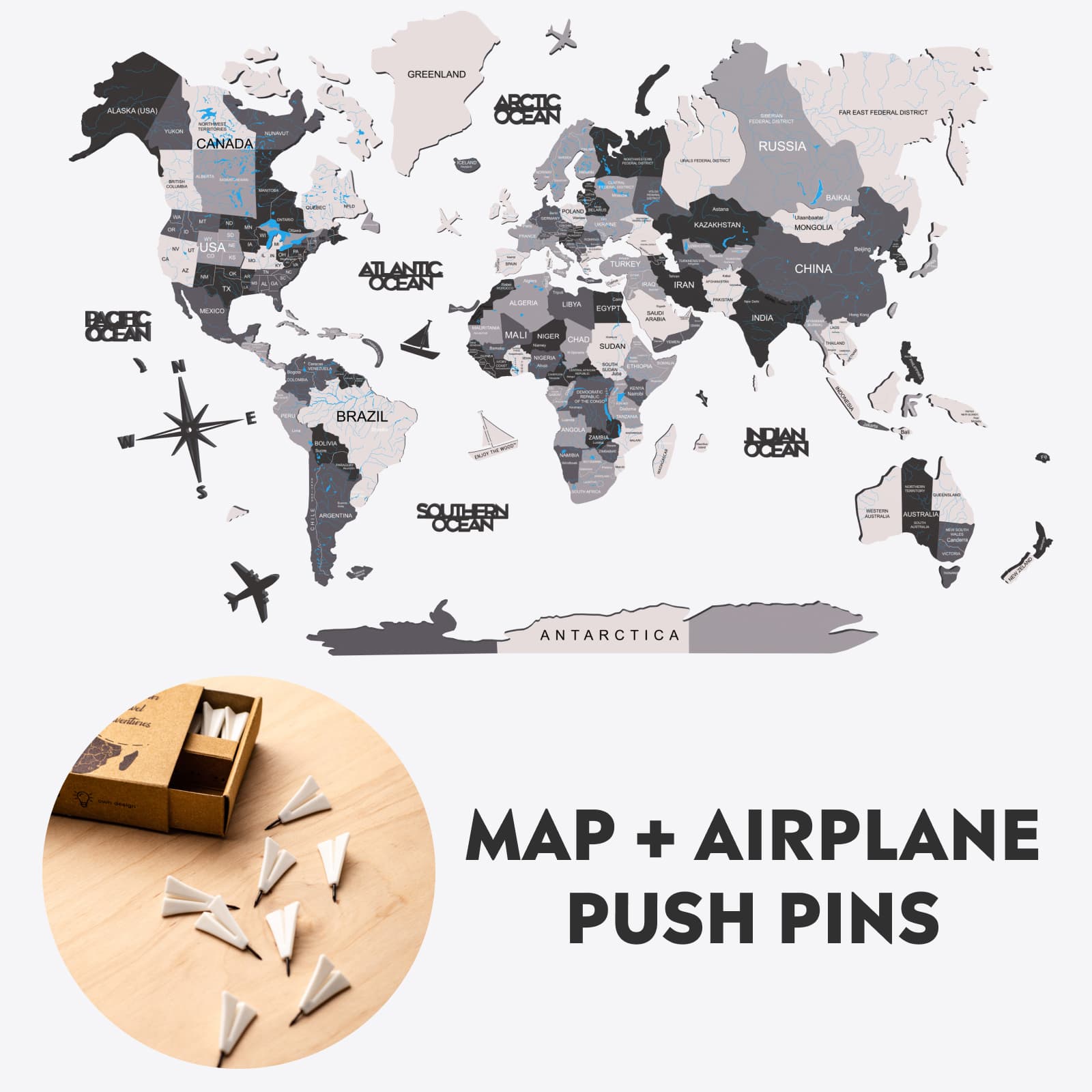 ATON - map map3★エイトン　ベージュとブラウン２点セット Bundle: Colored Map and Airplanes Pins | Enjoy The Wood
