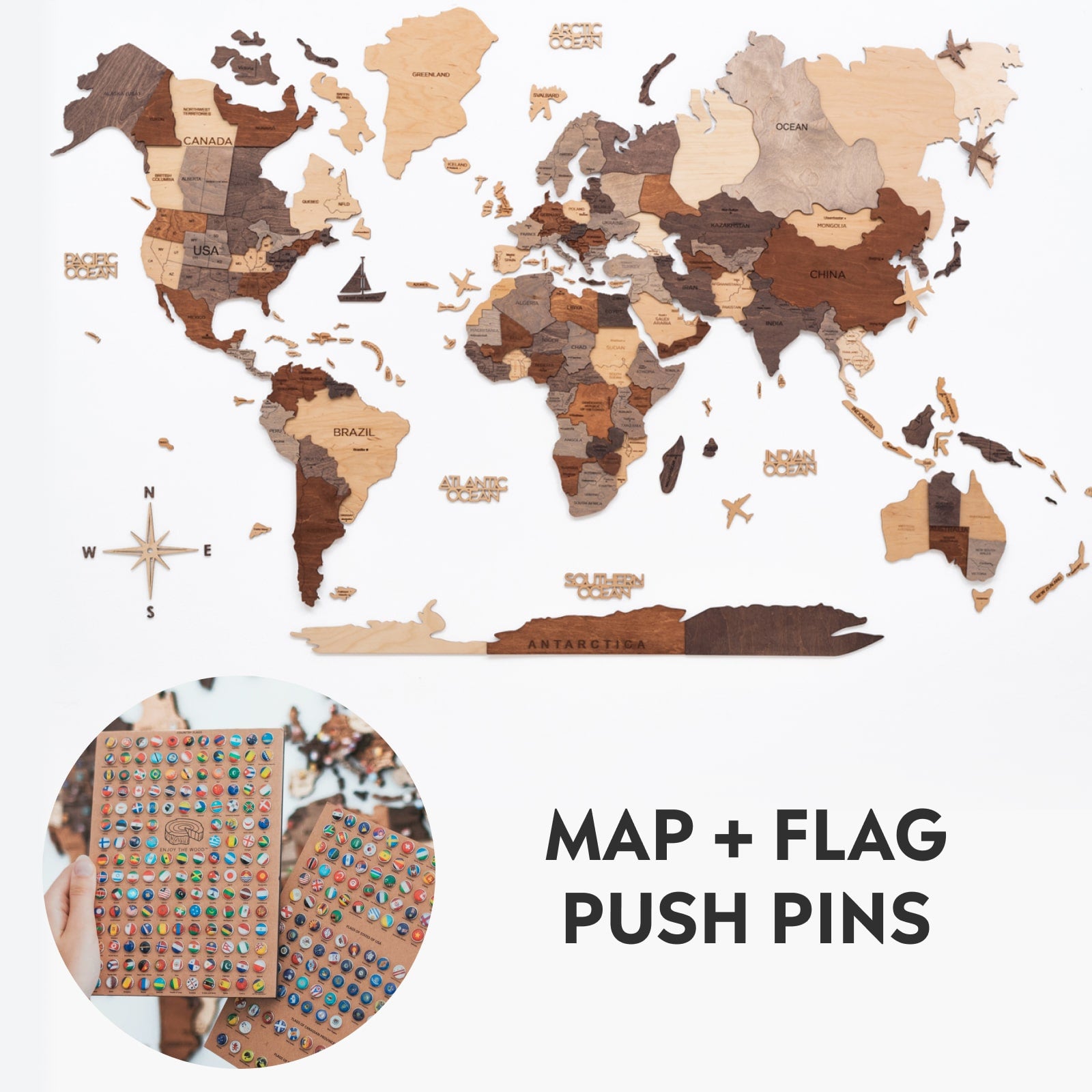 3d wooden map and flag pins