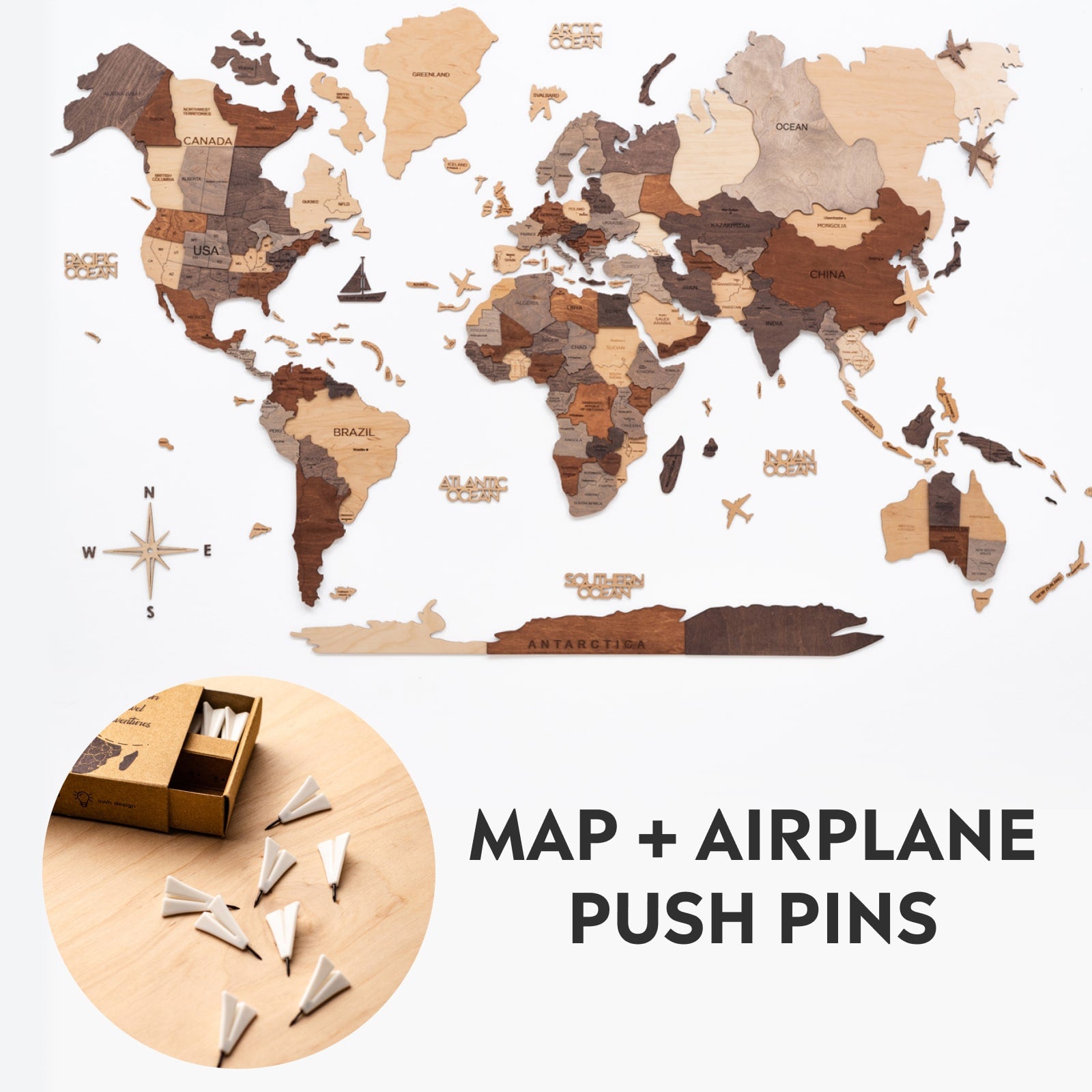 3d wooden map and airplanes pins