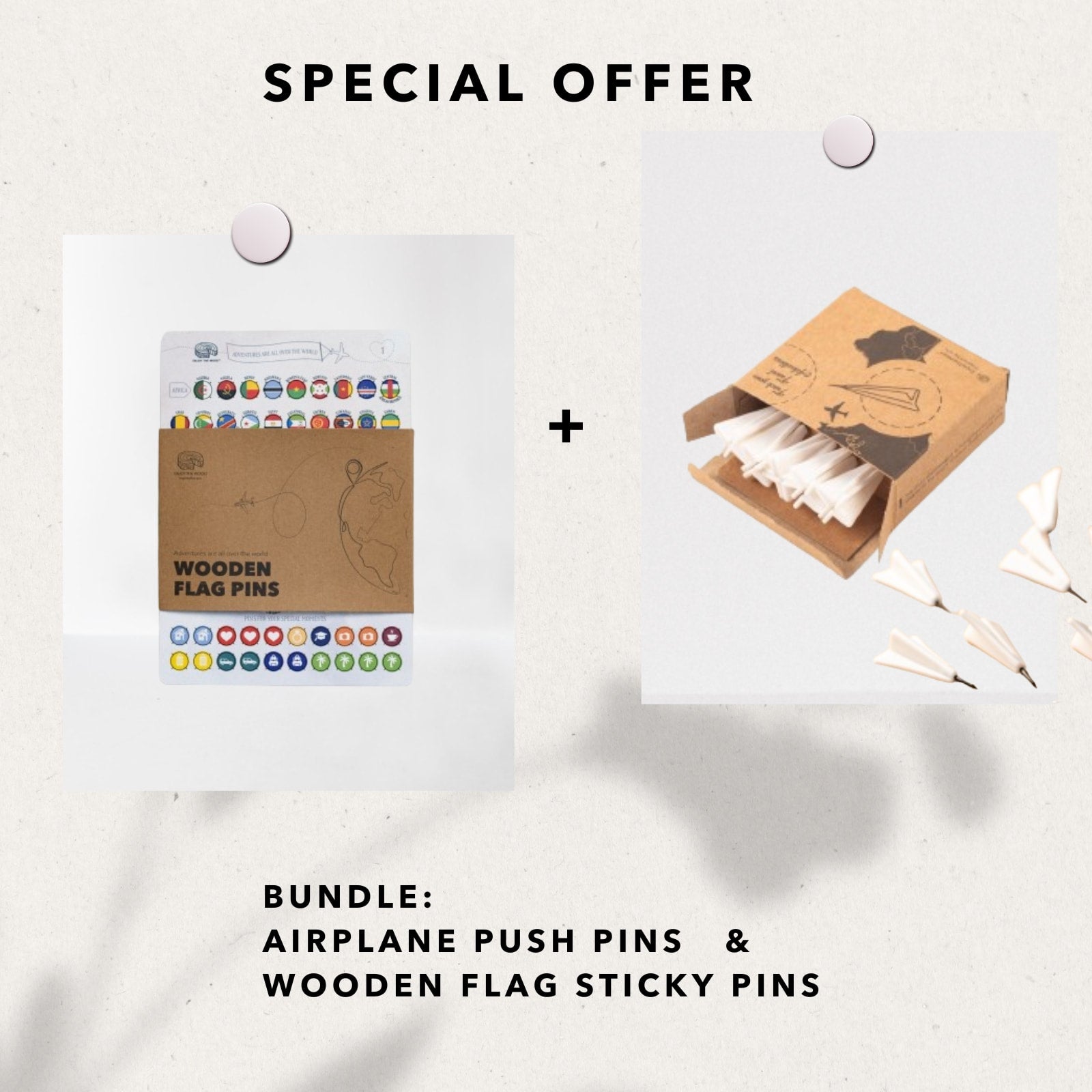 Paquete de regalo: Alfileres adhesivos con banderas de madera y alfileres de aviones (ahorre $39)