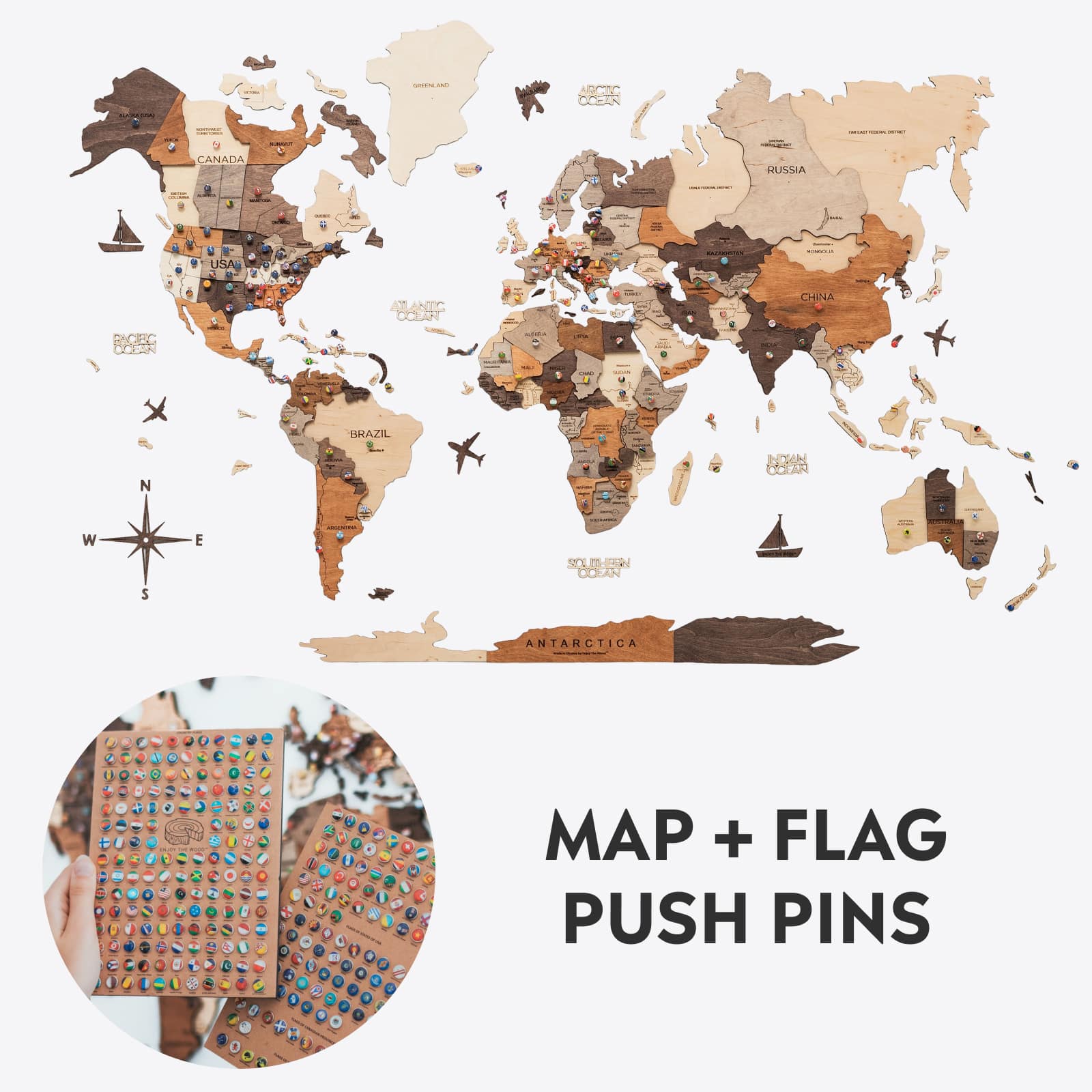 3d wooden map and flag pins