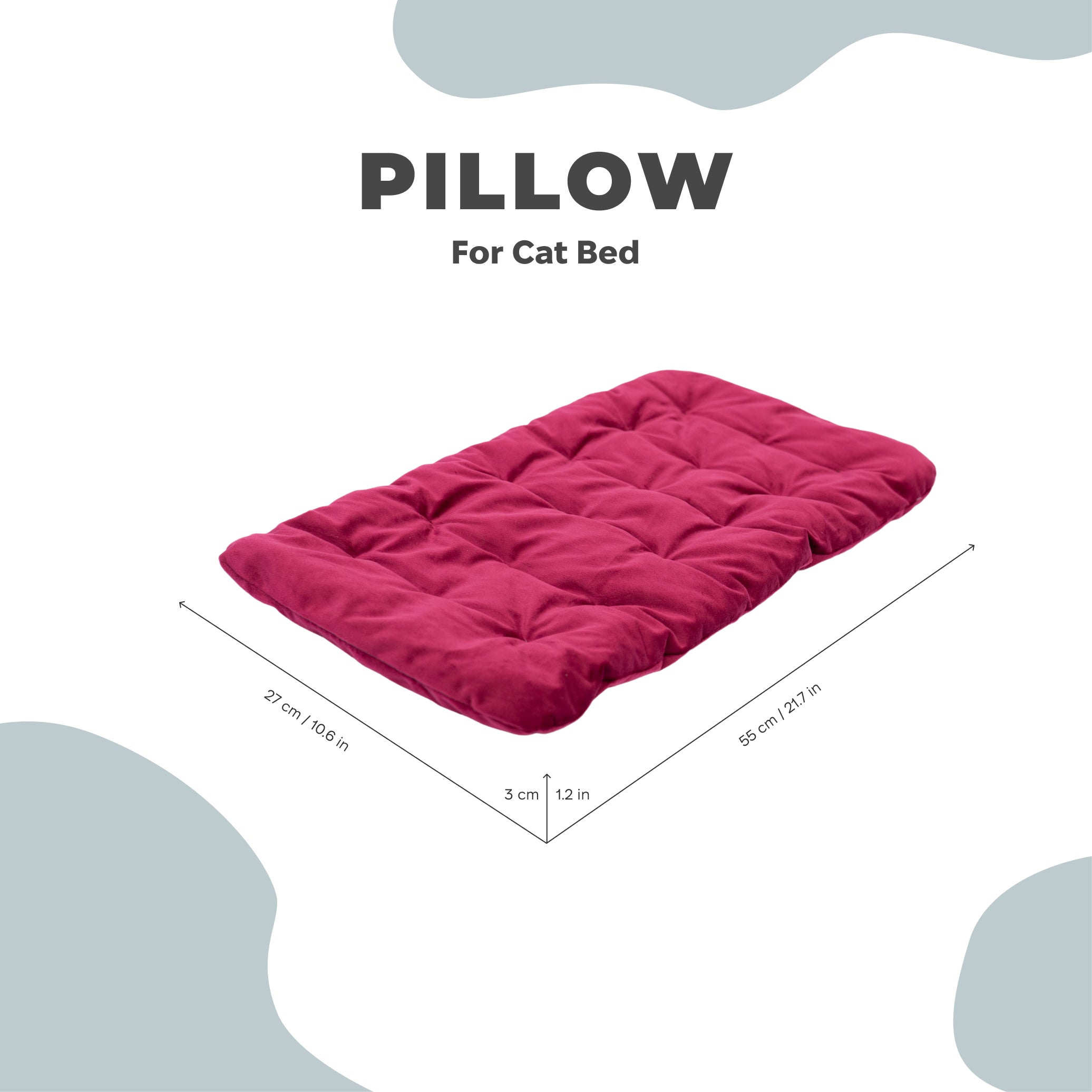 Red pillow for cat bed with dimensions on a white background