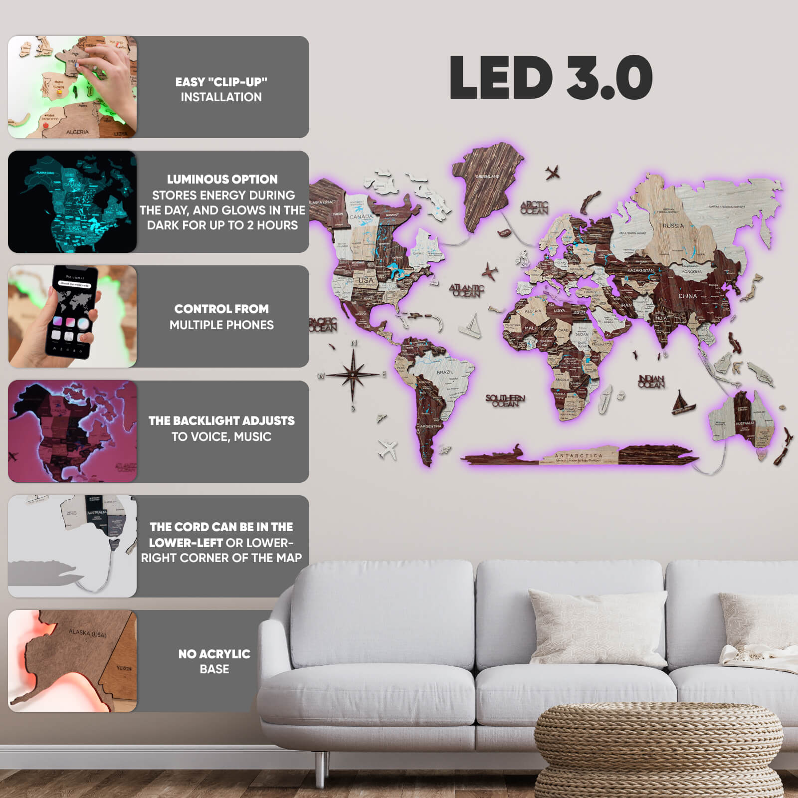 LED 3D / LUMINOSO Mapamundi de Madera 3.0 Cappuccino