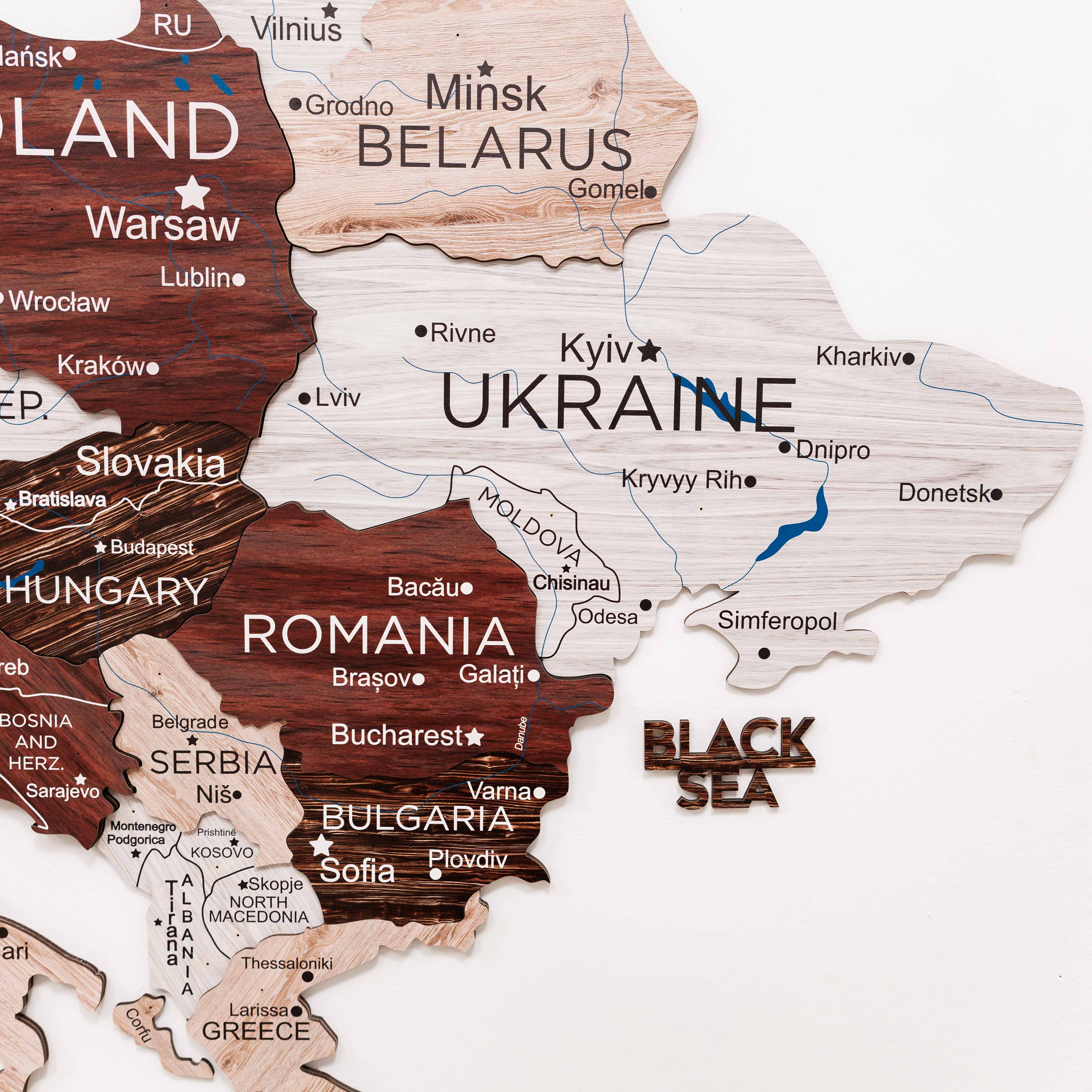 Wooden map of Europe with countries labeled
