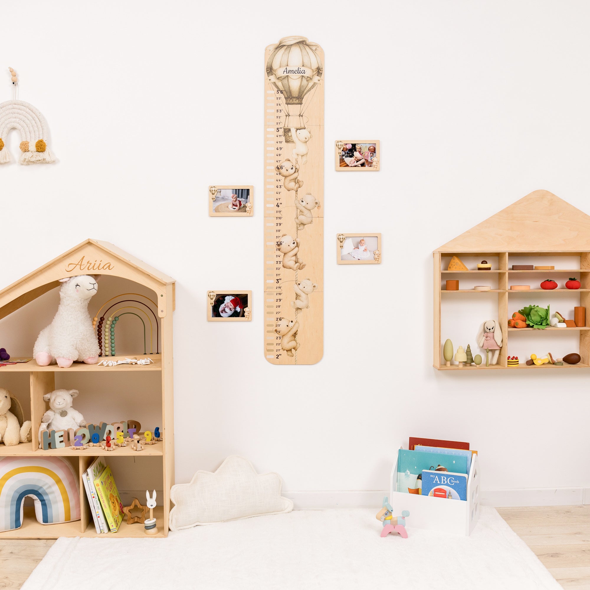 Children's room with wooden shelves, toys, and a growth chart on the wall.