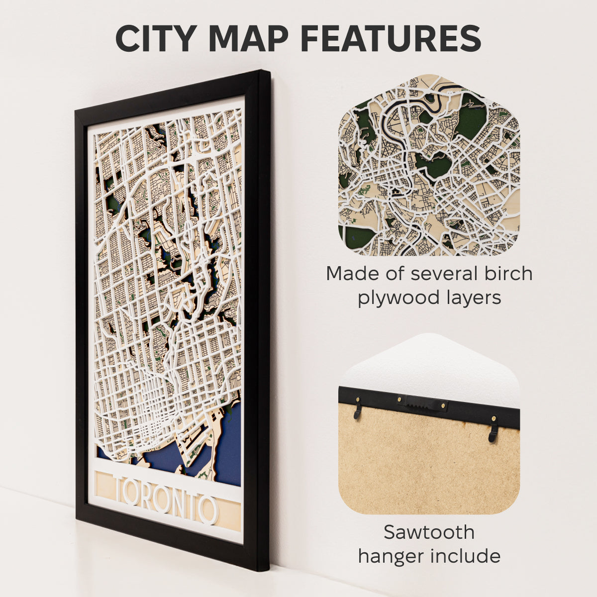 Framed city map of Toronto with features highlighted on a white background