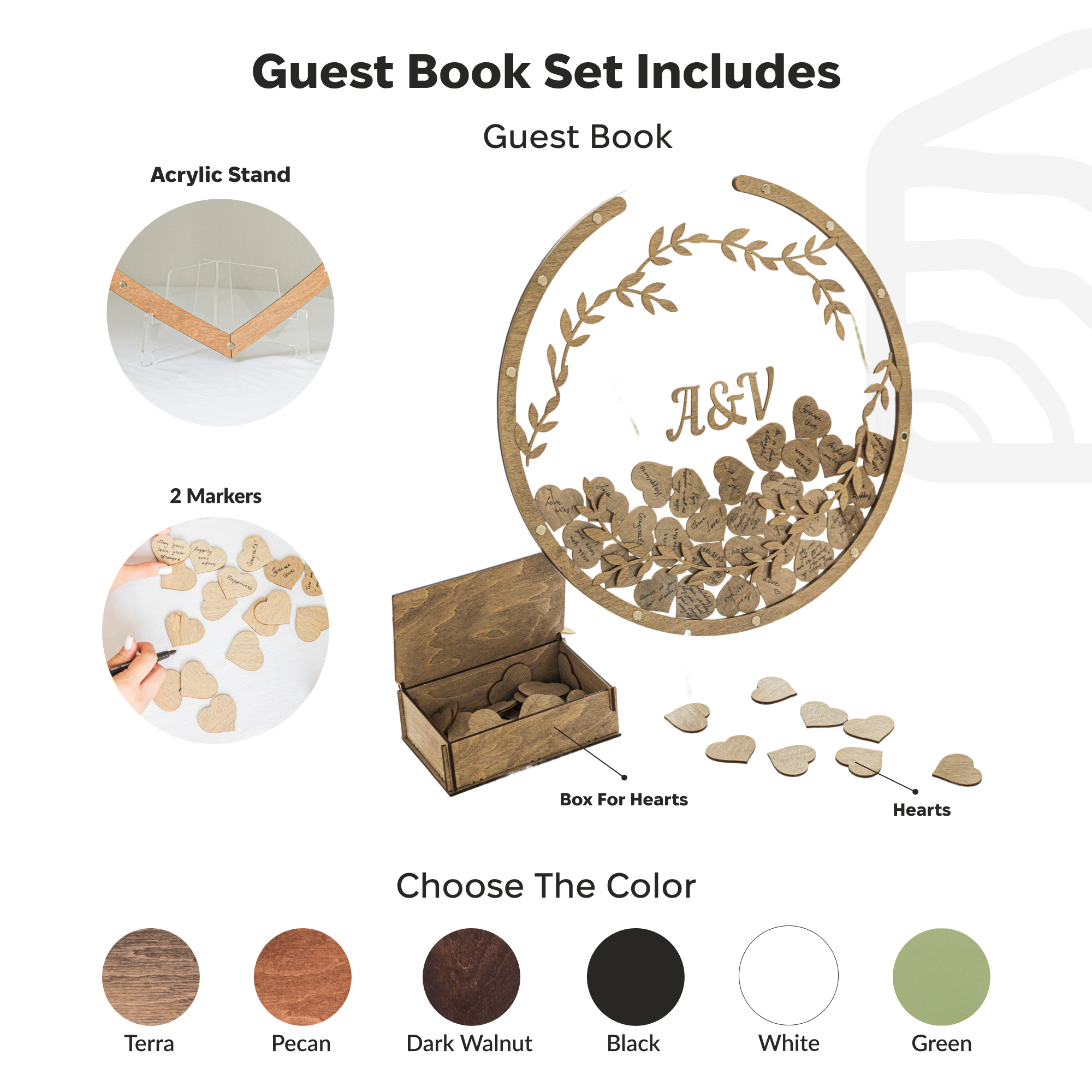 Guest book set with acrylic stand, markers, and box for hearts on a white background.