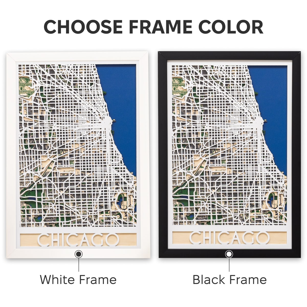 Two framed maps of Chicago with white and black frames on a white background.