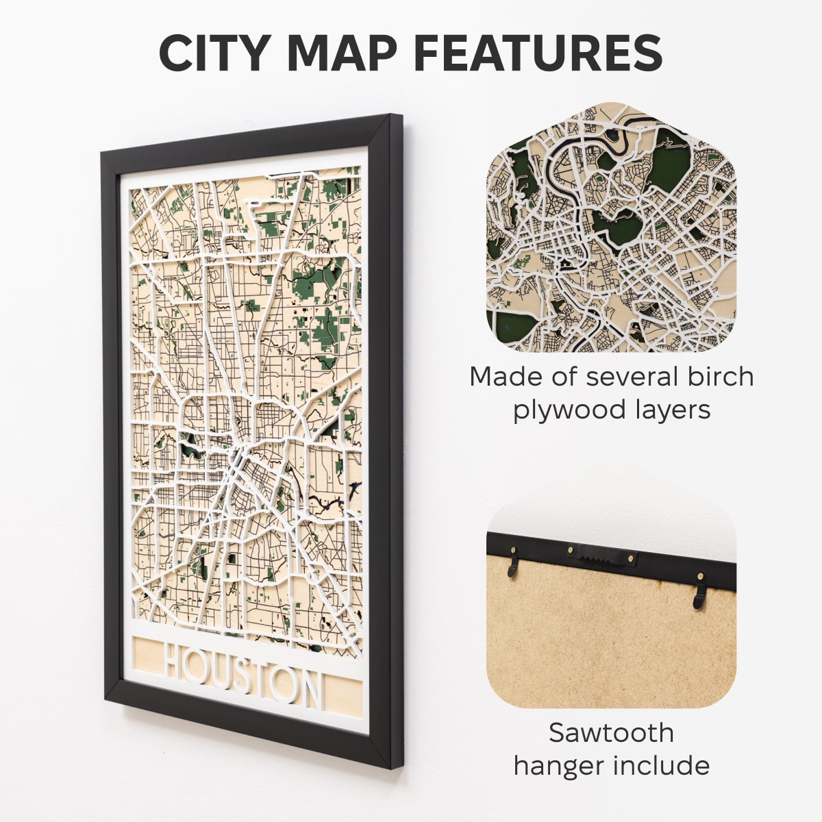 Wooden city map of Houston with a black frame, showing features like material and included sawtooth hanger.