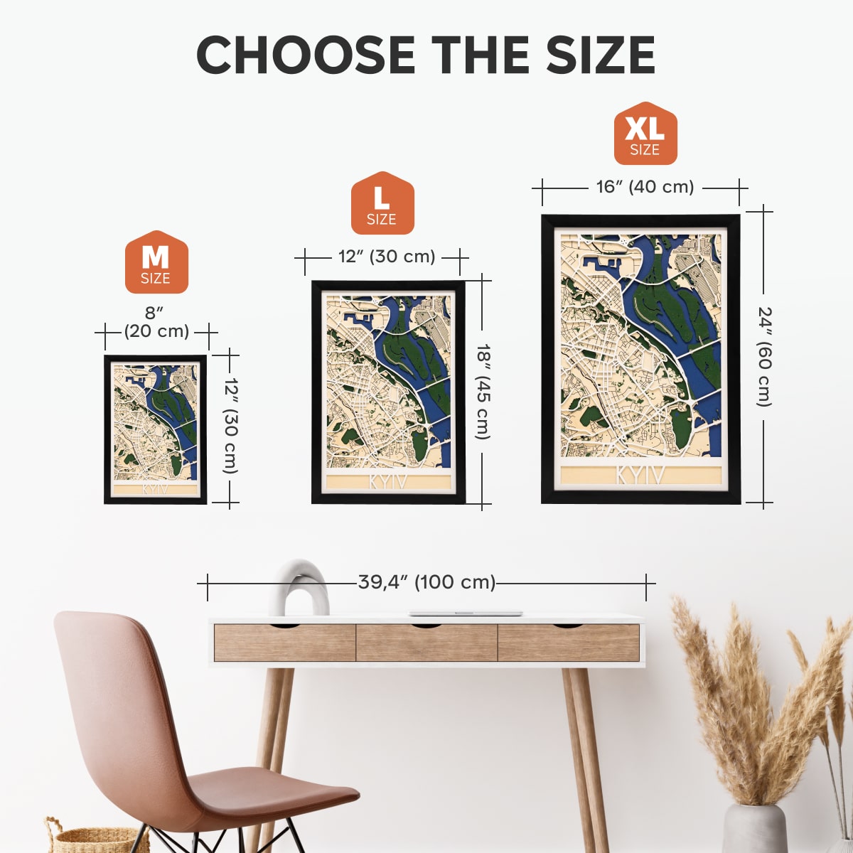 Size chart for framed maps with a desk and chair in the background