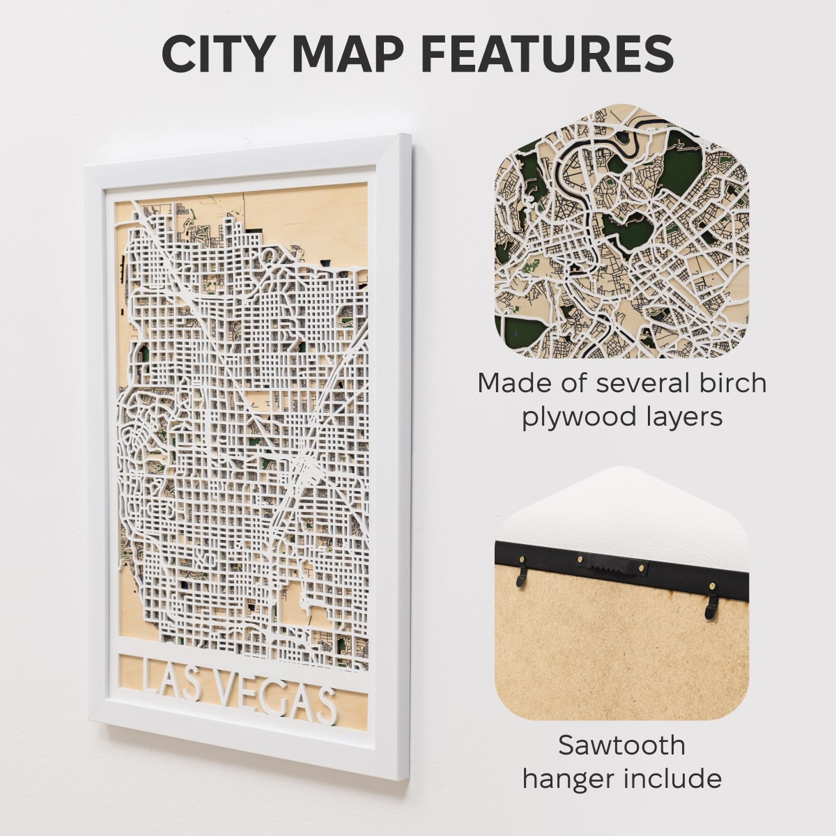 Wooden city map of Las Vegas with a sawtooth hanger on a white background