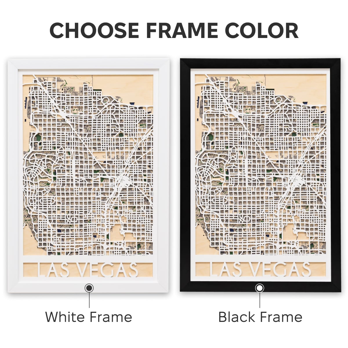 Two framed laser-cut maps of Las Vegas with white and black frames on a beige background.