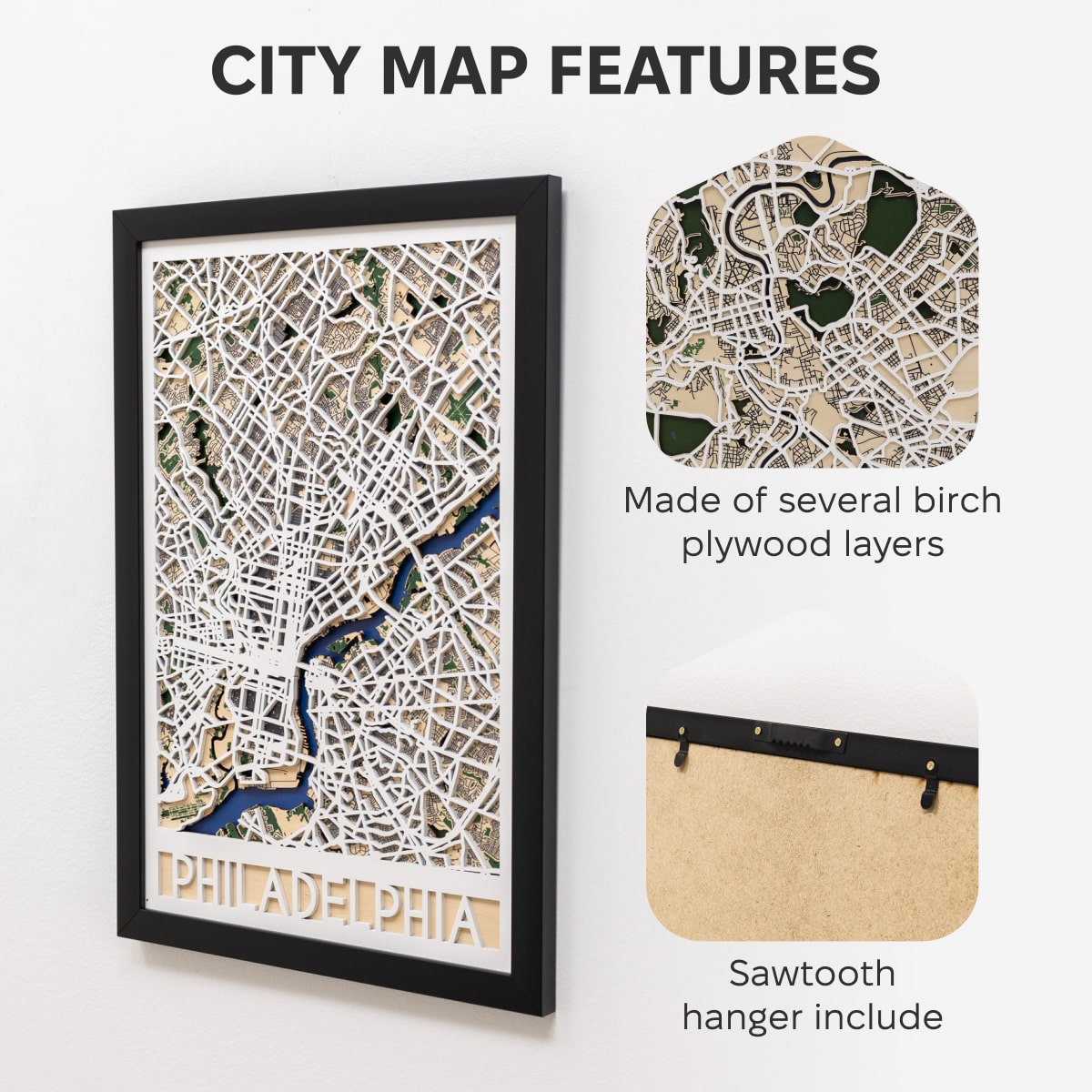 City map wall art with Philadelphia on a white background, featuring text about material and included hanger.