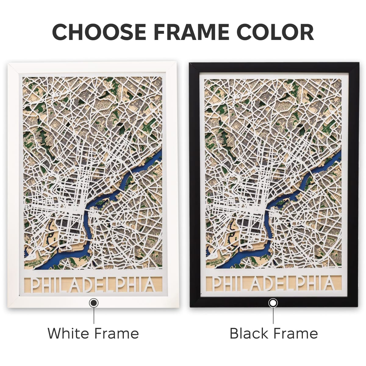 Two framed maps of Philadelphia with white and black frames.
