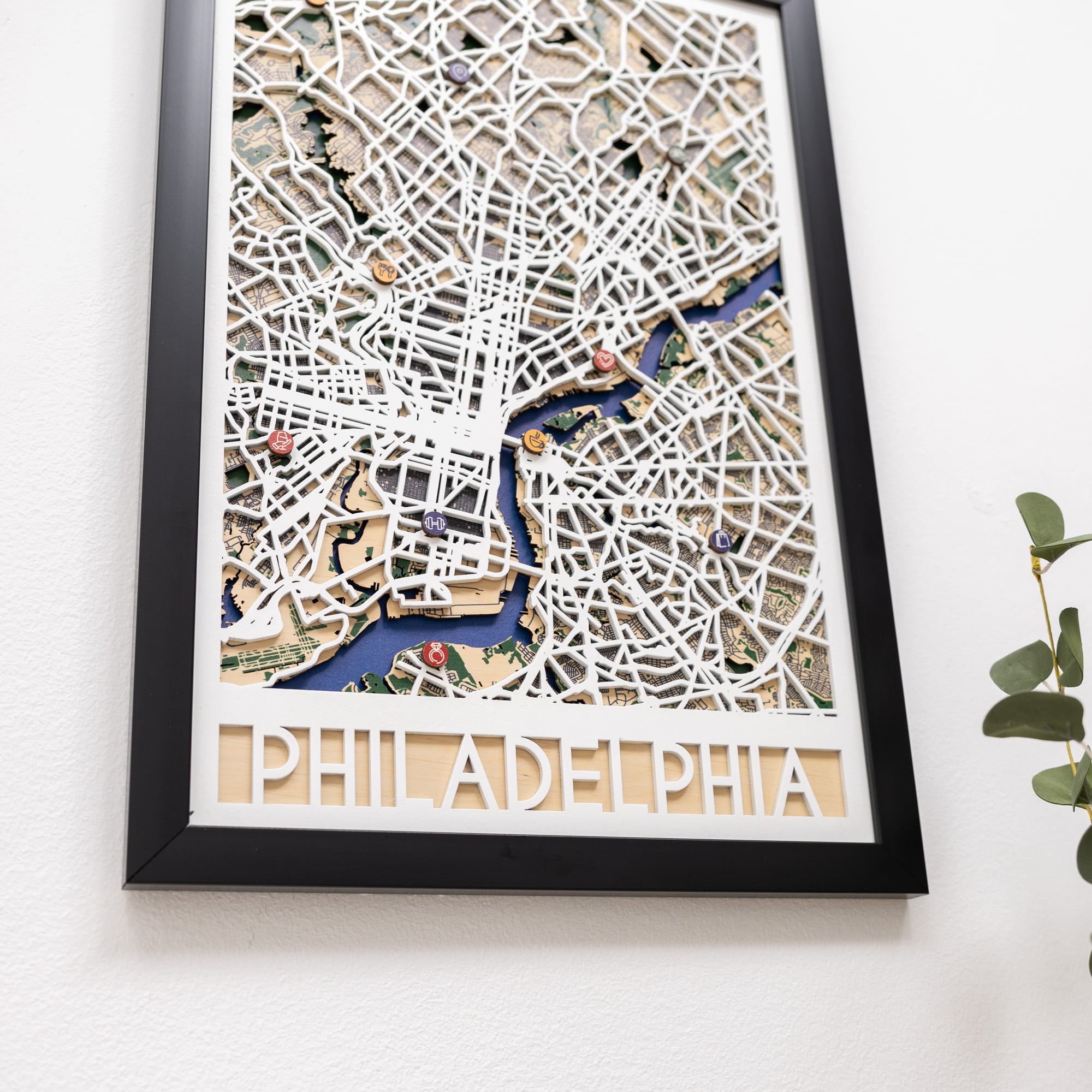 Framed map of Philadelphia on a white background