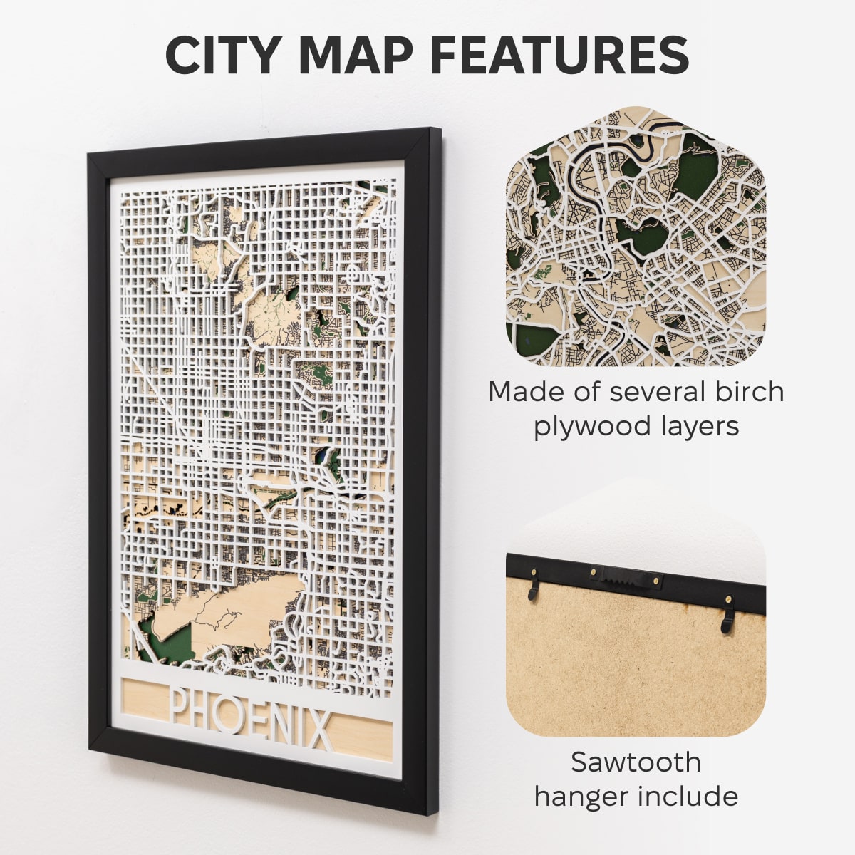 City map with wooden cutout design, framed and displayed on a white background.