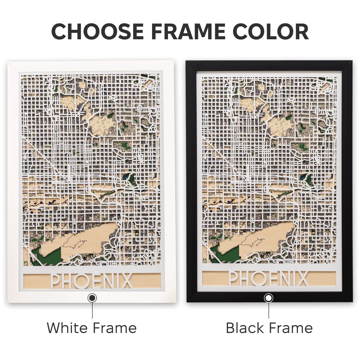 Two framed artworks of Phoenix with white and black frames.