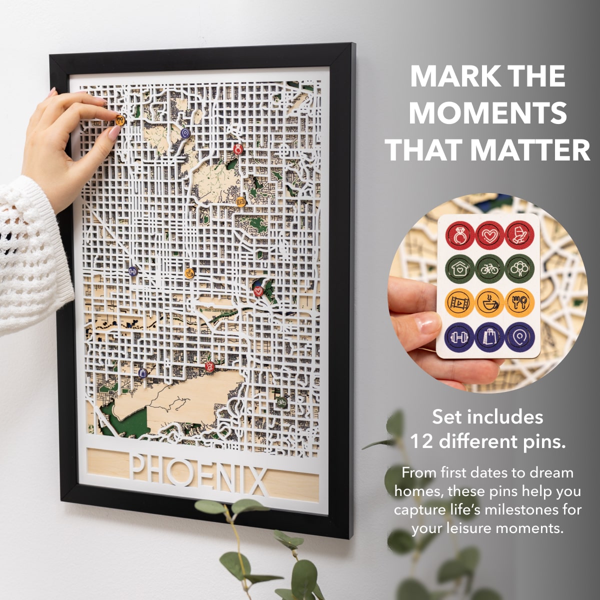 Framed travel map with decorative pins and a set of icons on a white background.